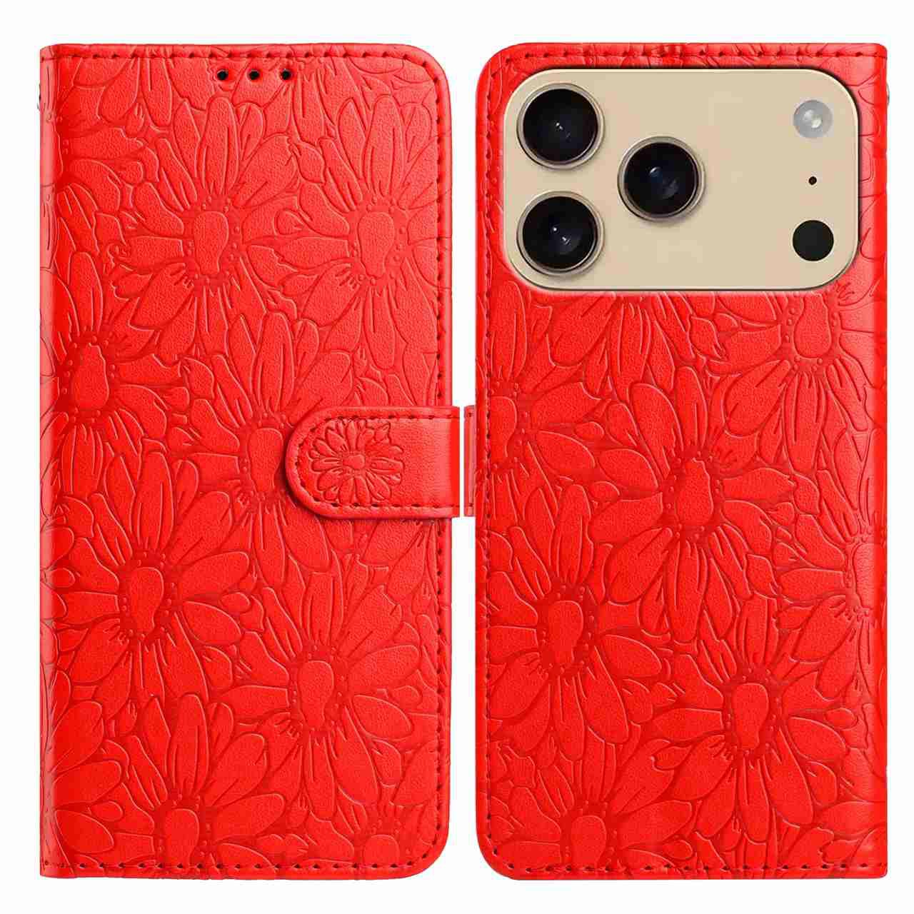 For iPhone 17 Pro Max Leather Case Daisy Imprint Wallet Stand Phone Protective Cover - Red