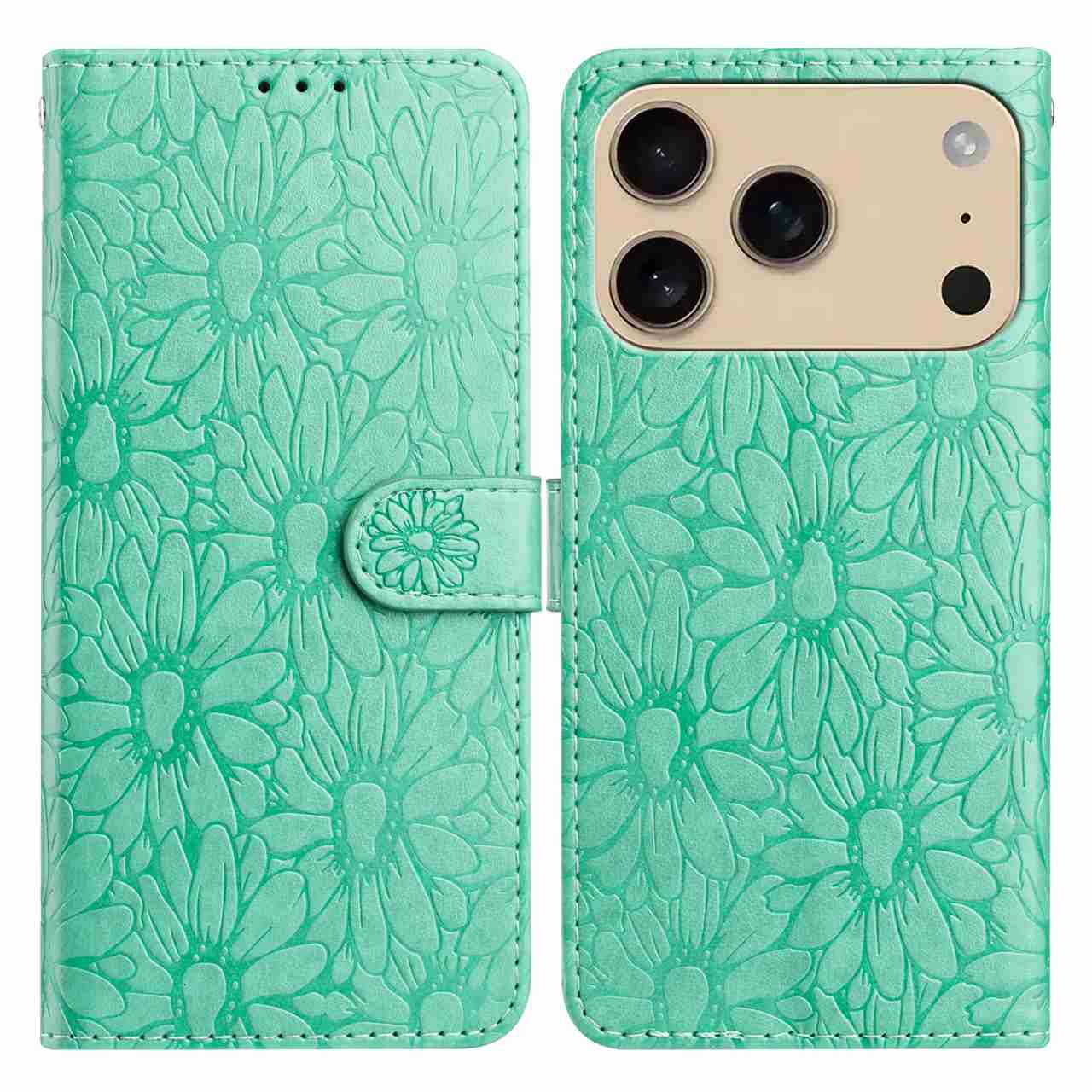 For iPhone 17 Pro Max Leather Case Daisy Imprint Wallet Stand Phone Protective Cover - Green