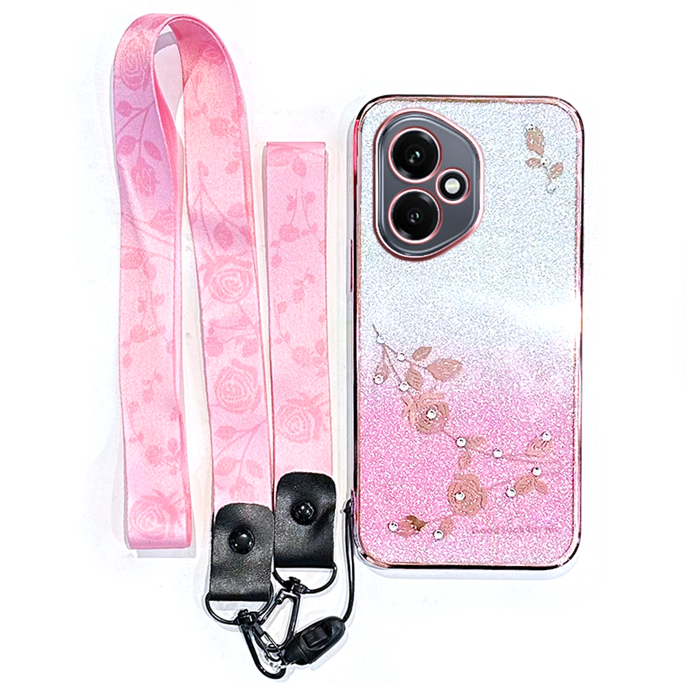 KADEM For Honor 400 5G (Global) Case Flower Pattern TPU Gradient Phone Cover with Lanyards - Rose Gold
