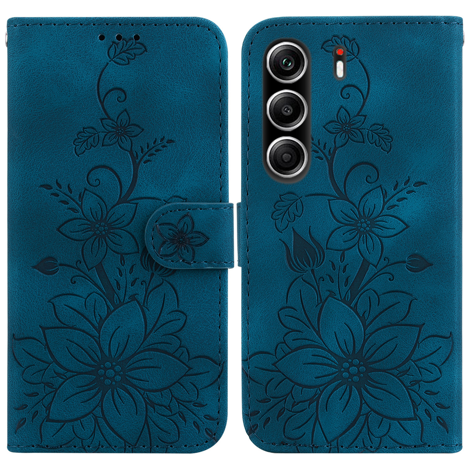 For TECNO Camon 40 Pro 5G  /  4G Stand Case Lily Flower Imprint Leather Phone Cover with Wrist Strap - Dark Blue