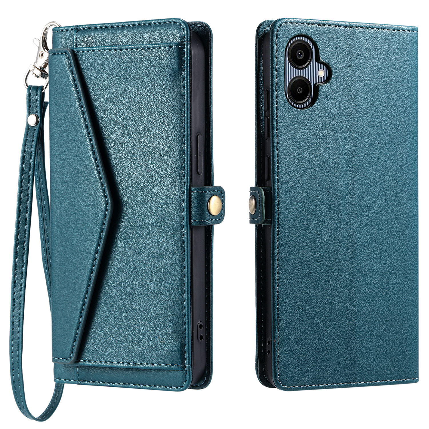For Samsung Galaxy A07 5G / A07 4G Leather Case with Wrist Strap Wallet Stand Phone Cover - Blackish Green