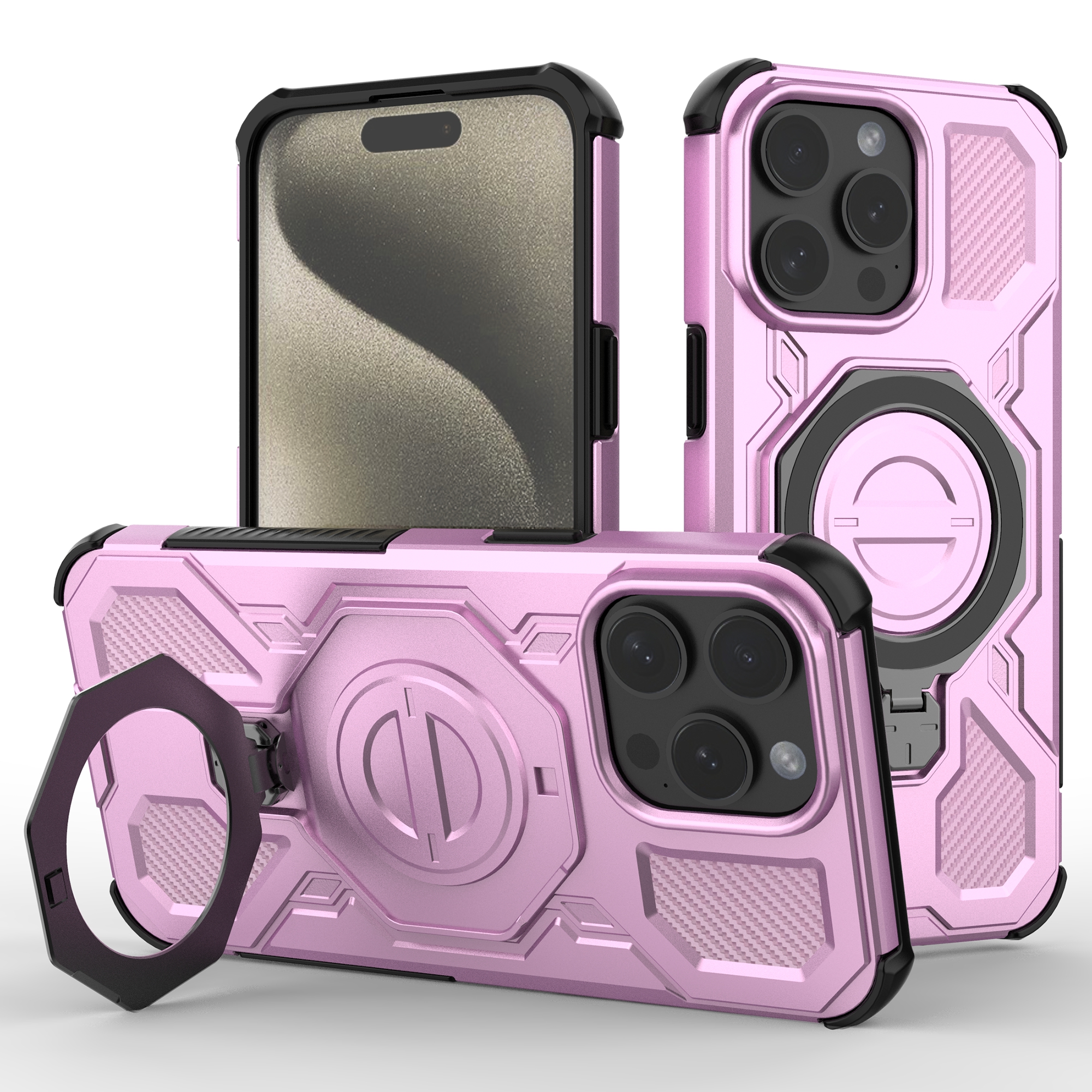 For iPhone 15 Pro Magnetic Case Rotating Metal Kickstand Shockproof PC + TPU Phone Back Cover - Pink