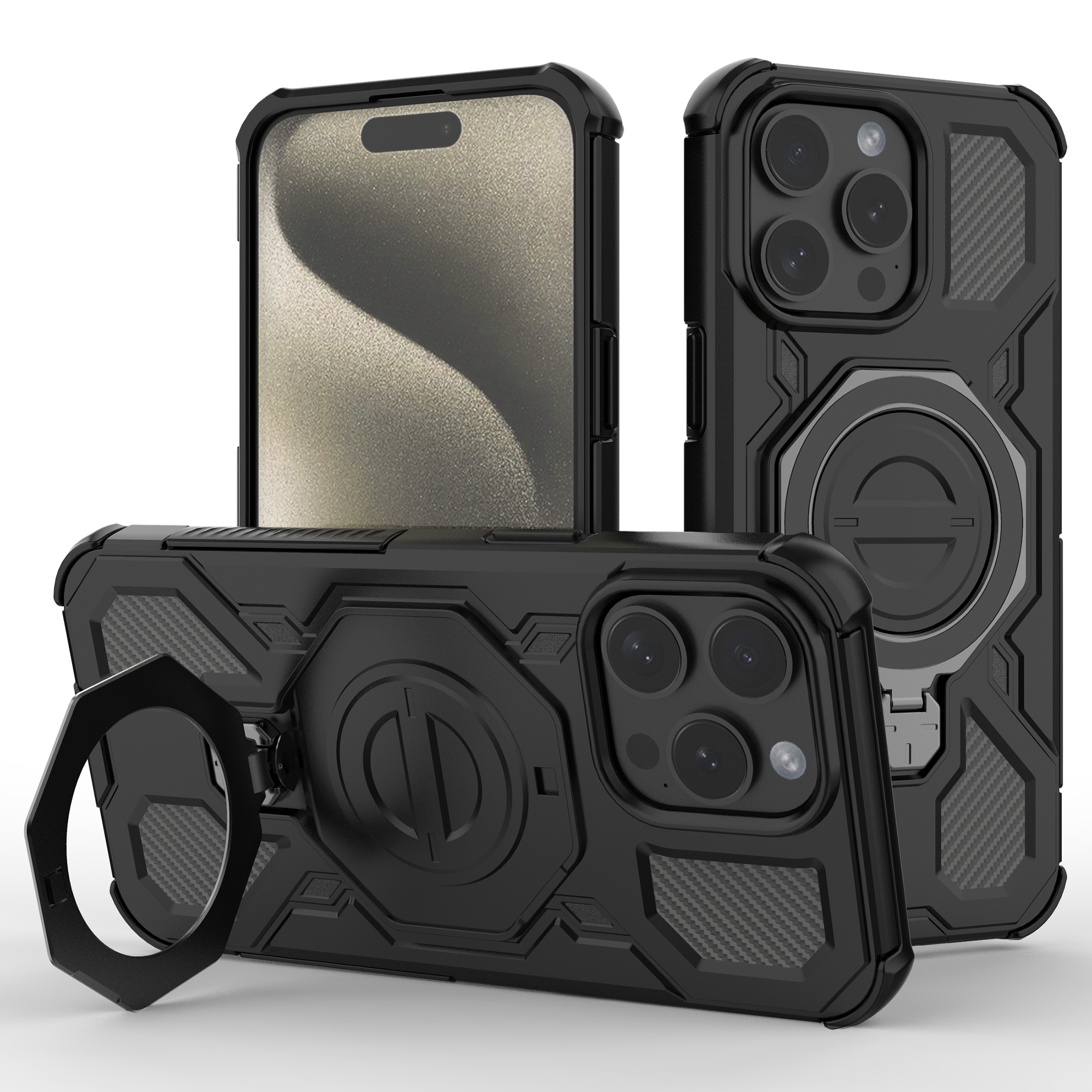 For iPhone 15 Pro Max Magnetic Case Rotating Metal Kickstand Shockproof PC + TPU Phone Back Cover - Black