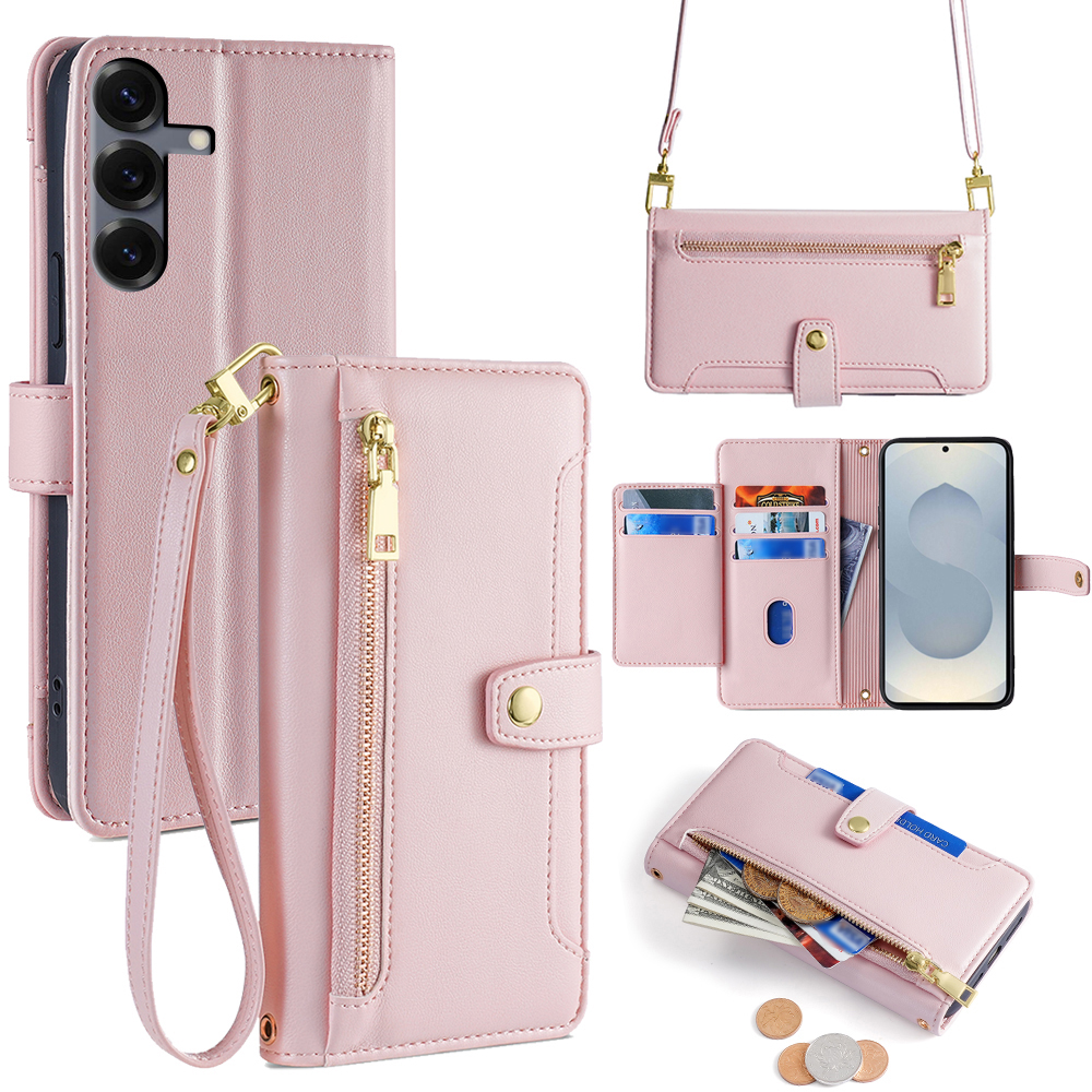 For Samsung Galaxy S25 Leather Case Zipper Pocket Wallet Phone Cover with 2 Straps - Pink