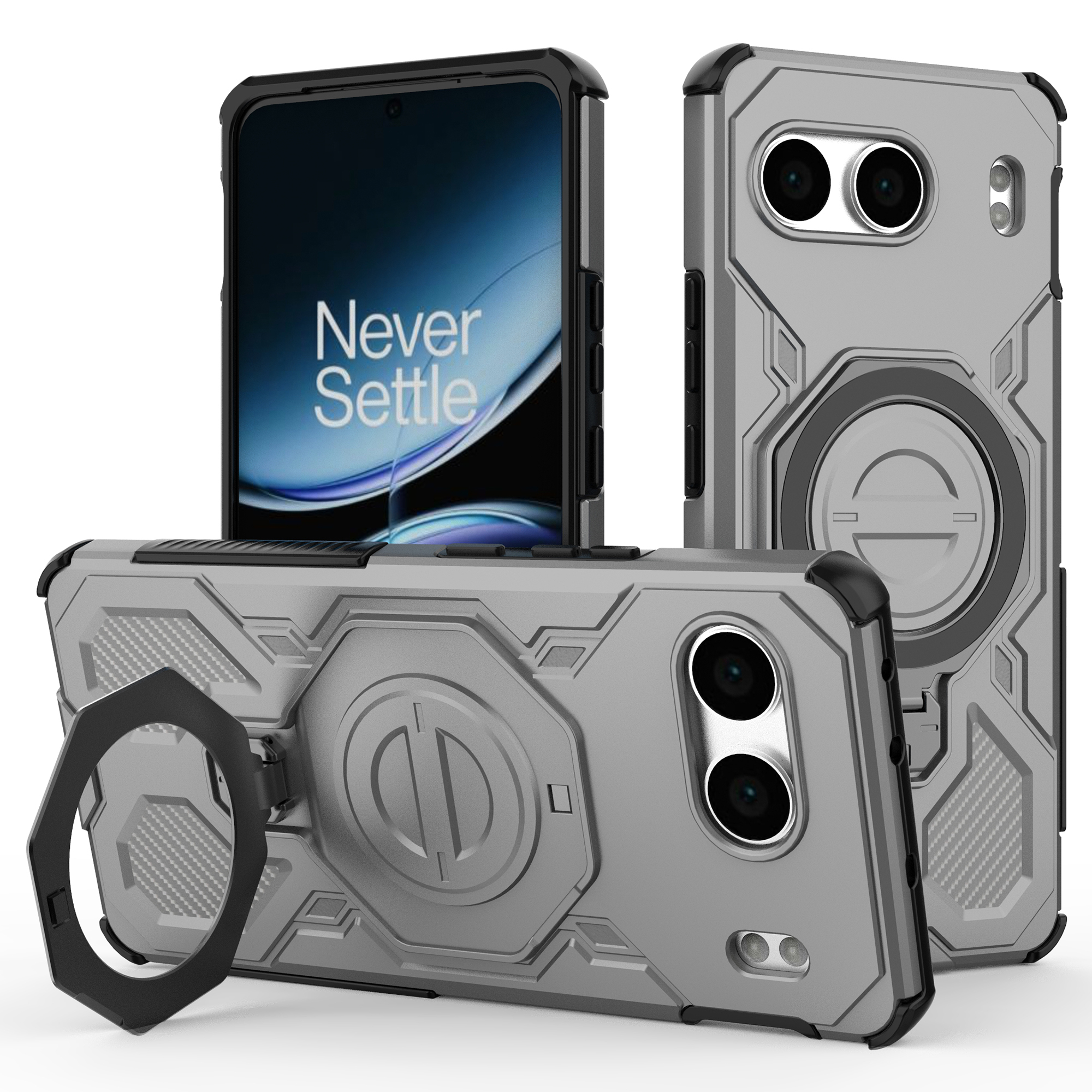 For OnePlus Nord 4 Magnetic Case Rotating Metal Kickstand Shockproof PC + TPU Phone Back Cover - Grey