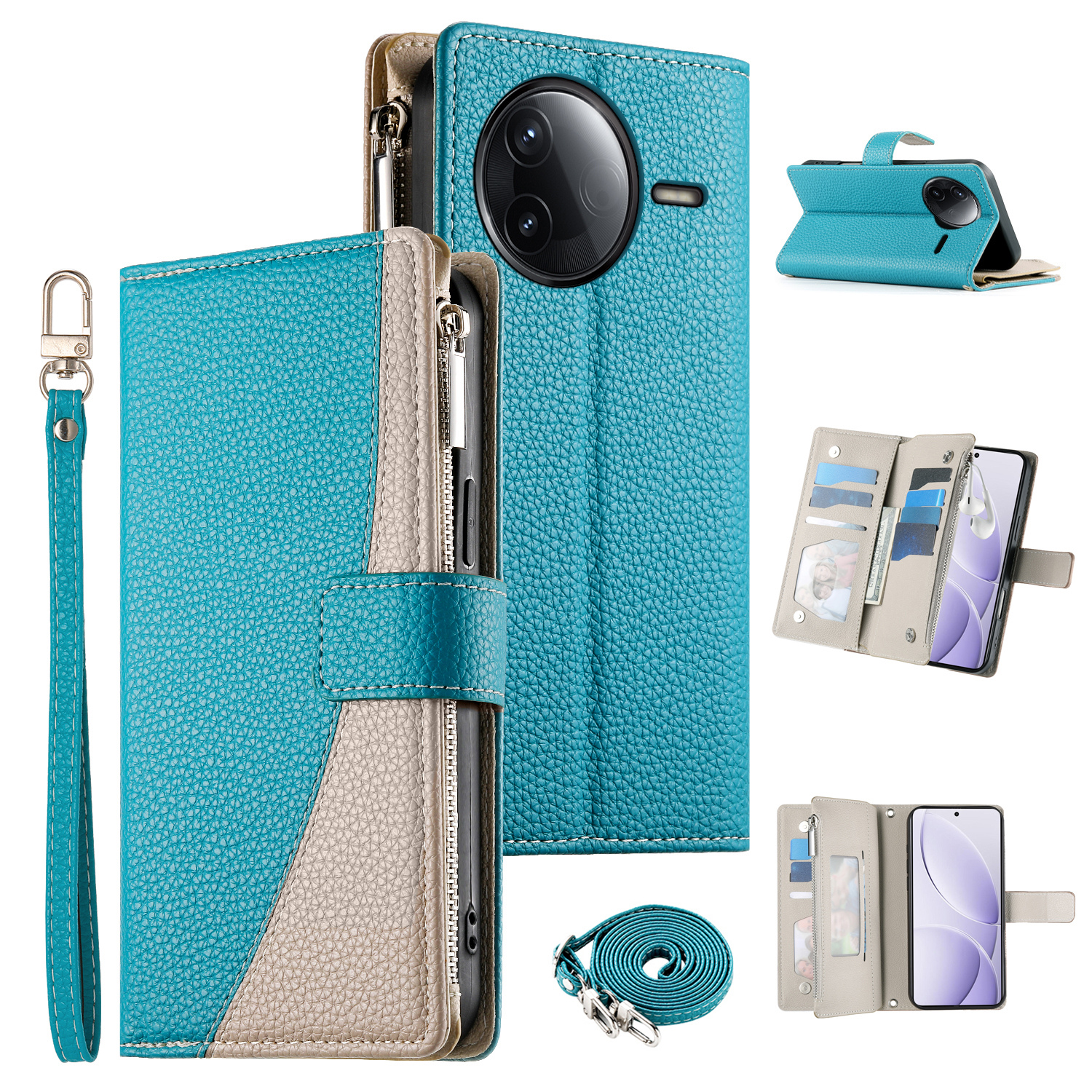 Leather Case For Xiaomi Redmi K80 Pro 5G  /  K80 5G  /  Poco F7 Pro 5G  /  F7 Ultra 5G Zipper Wallet Color Splicing Flip Phone Cover with Straps - Lak