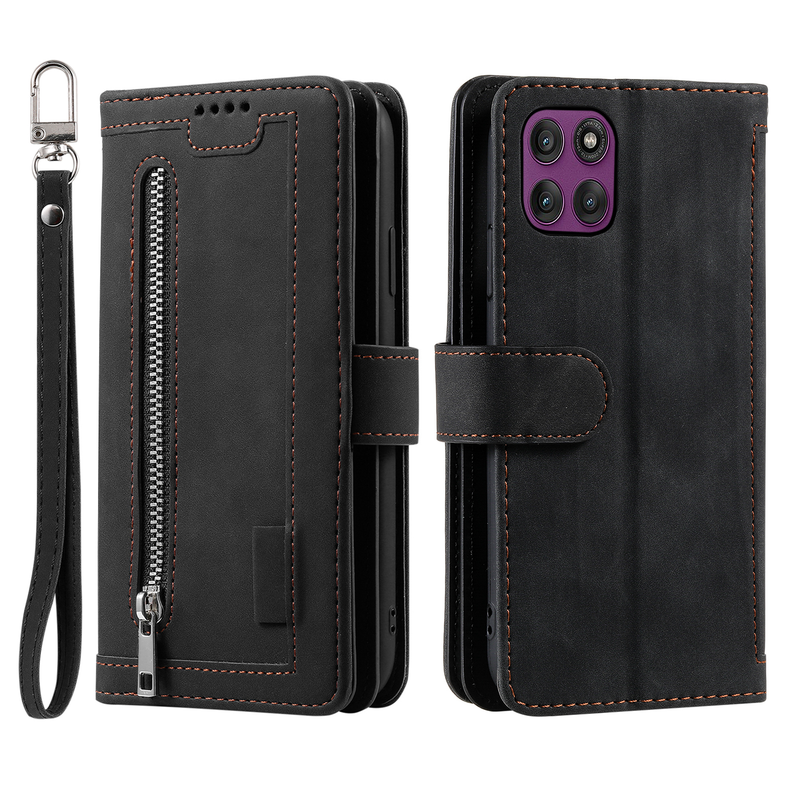 For Motorola Edge 60 Pro 5G Case 9 Card Slots Zipper Wallet PU Leather Phone Cover with Wrist Strap - Black