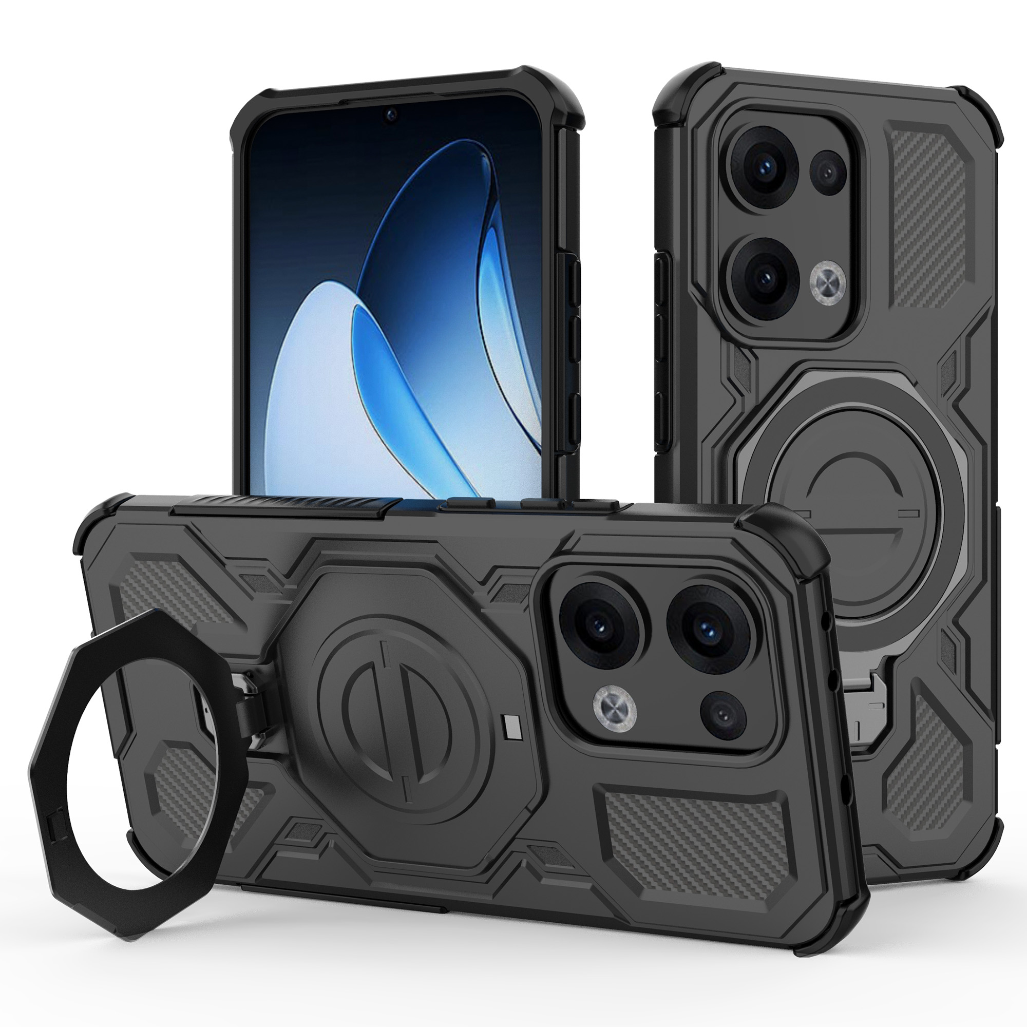For Oppo Reno13 5G (Global) Magnetic Case Rotating Metal Kickstand PC + TPU Phone Back Cover - Black
