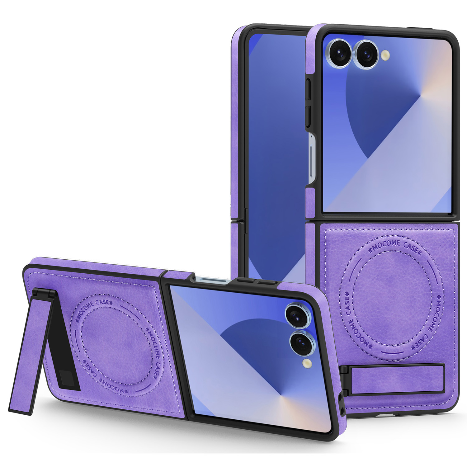 For Samsung Galaxy Z Flip7 5G Magnetic Case with Folded Kickstand PC Silicone Leather Phone Back Cover - Light Purple