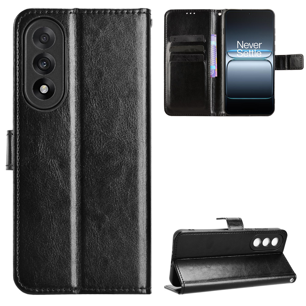 For OnePlus Nord 5 5G / Ace 5 Ultra 5G PU Leather Case with Strap Crazy Horse Texture Phone Wallet Cover - Black