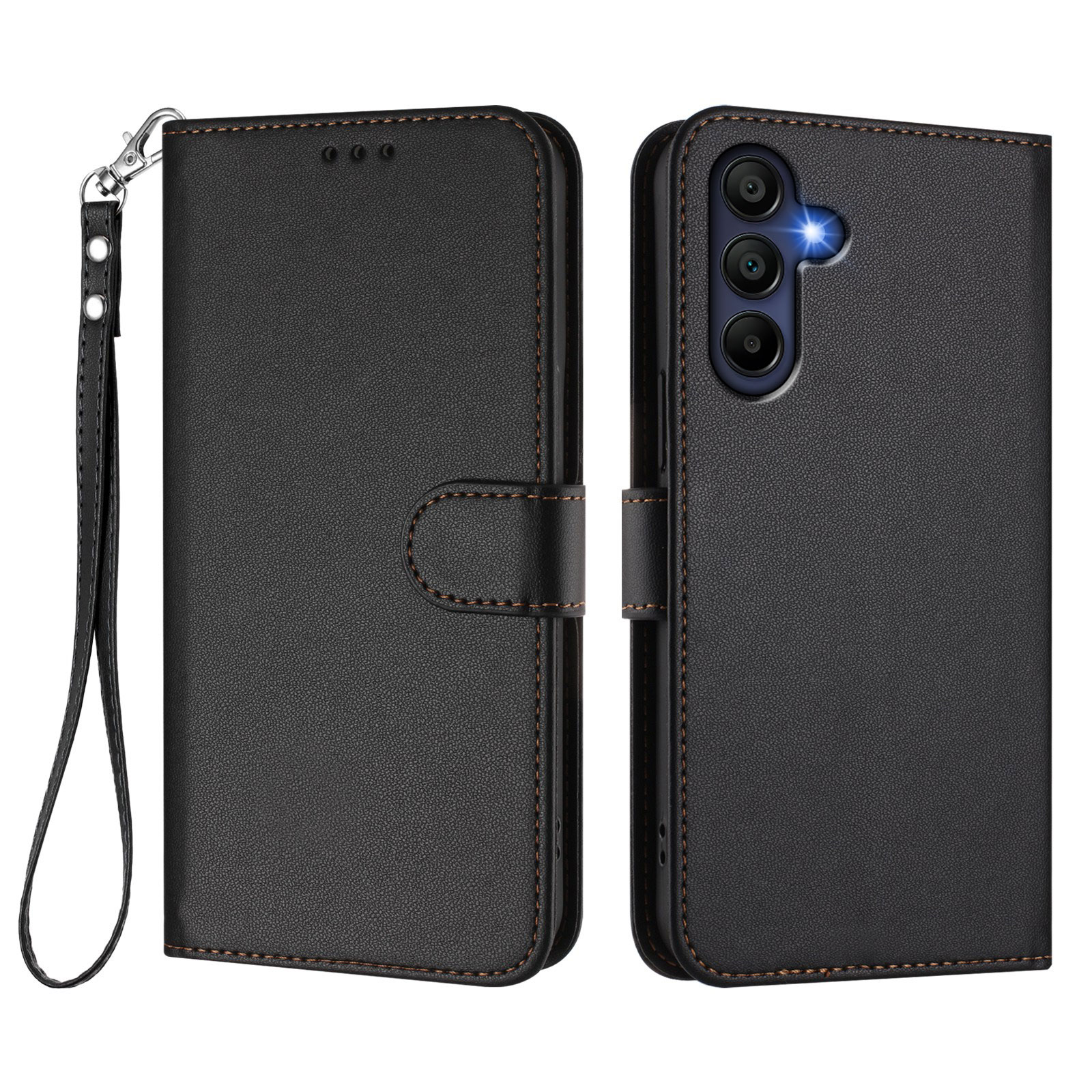 For Samsung Galaxy A16 5G / Galaxy A16 4G Leather Case Wallet Stand Phone Cover with Wrist Strap - Black