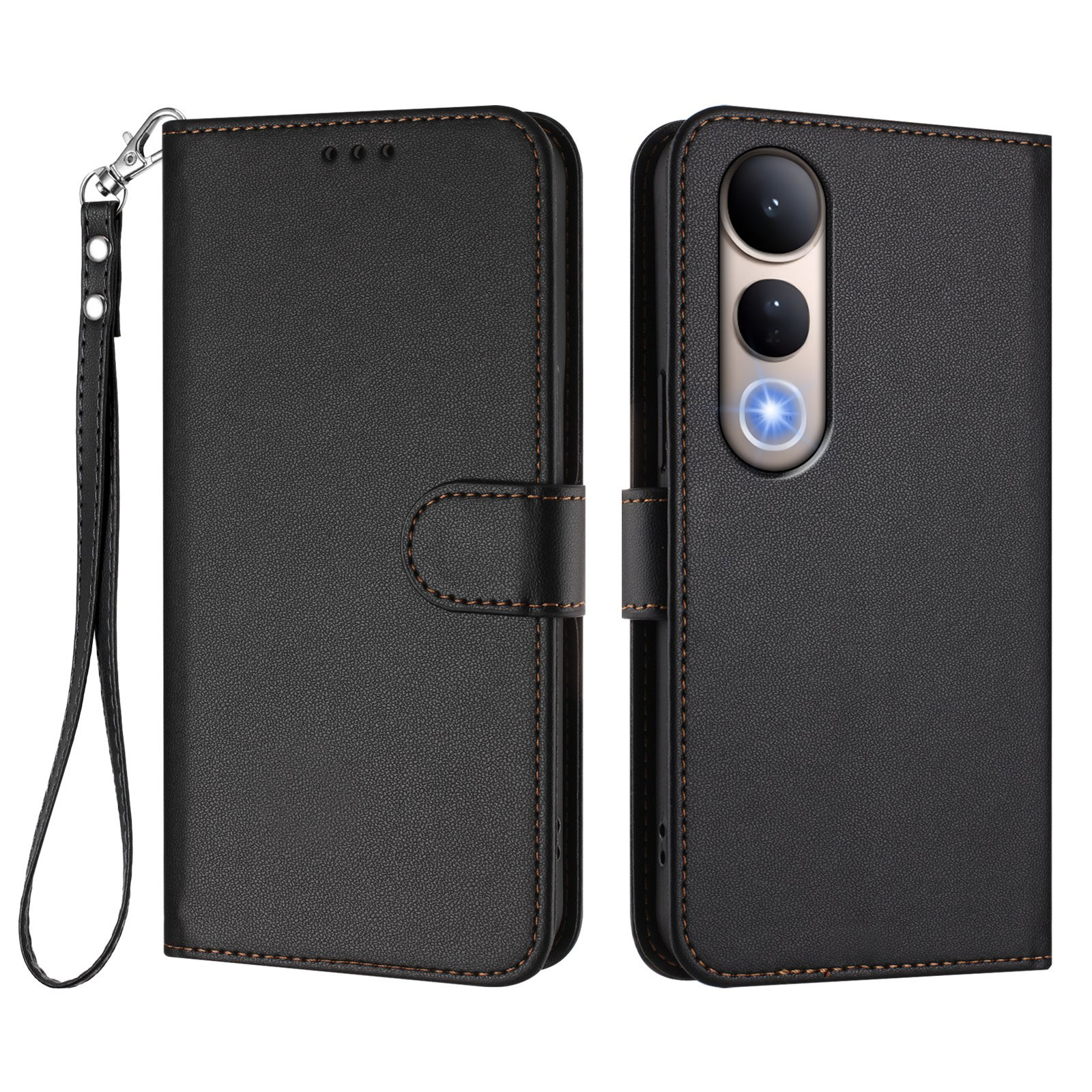 For vivo V50 Lite 4G / vivo V50 Lite 5G Leather Case Wallet Stand Phone Cover with Wrist Strap - Black