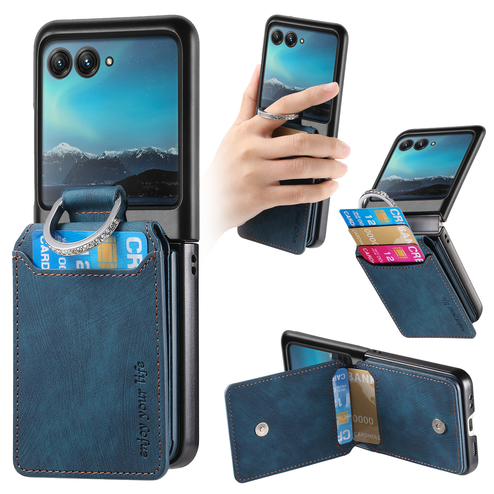 For Motorola Razr 40 Ultra 5G Case Card Holder Kickstand Retro Texture Leather Back Cover - Blue