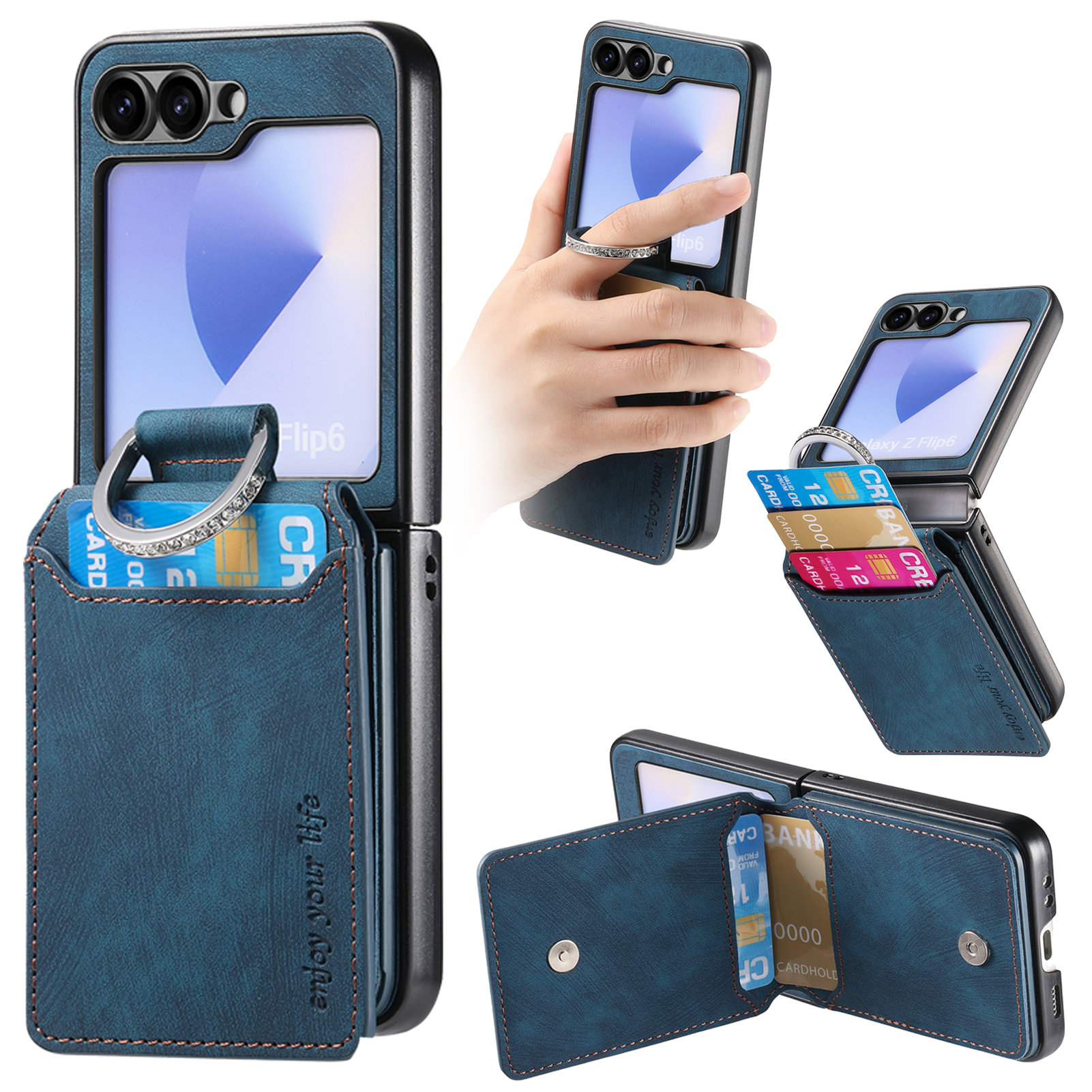 For Samsung Galaxy Z Flip5 5G Case Card Holder Kickstand Retro Texture Leather Back Cover - Blue