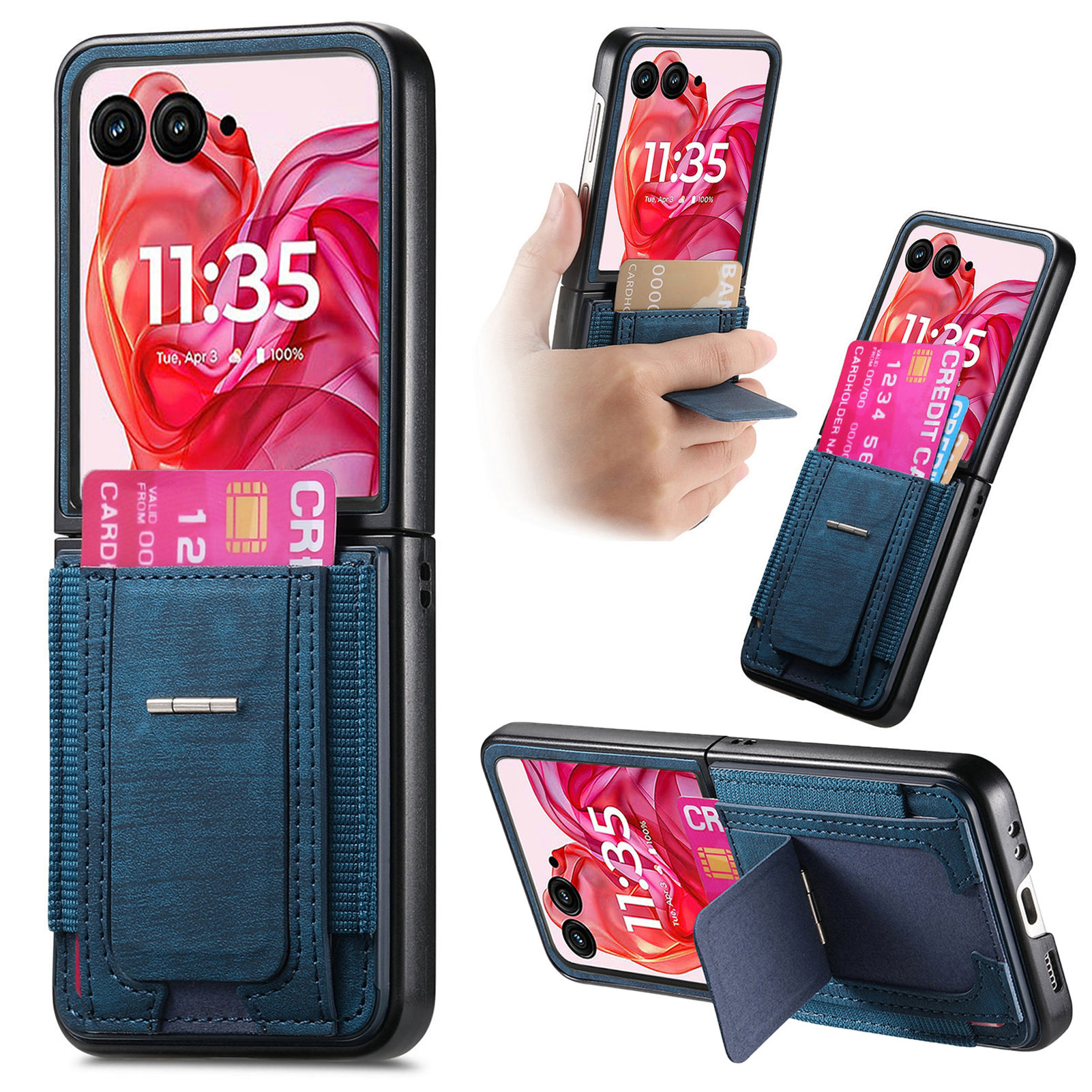 For Motorola Razr 50 Ultra 5G Case Kickstand Retro Leather Back Cover with Card Holder - Blue