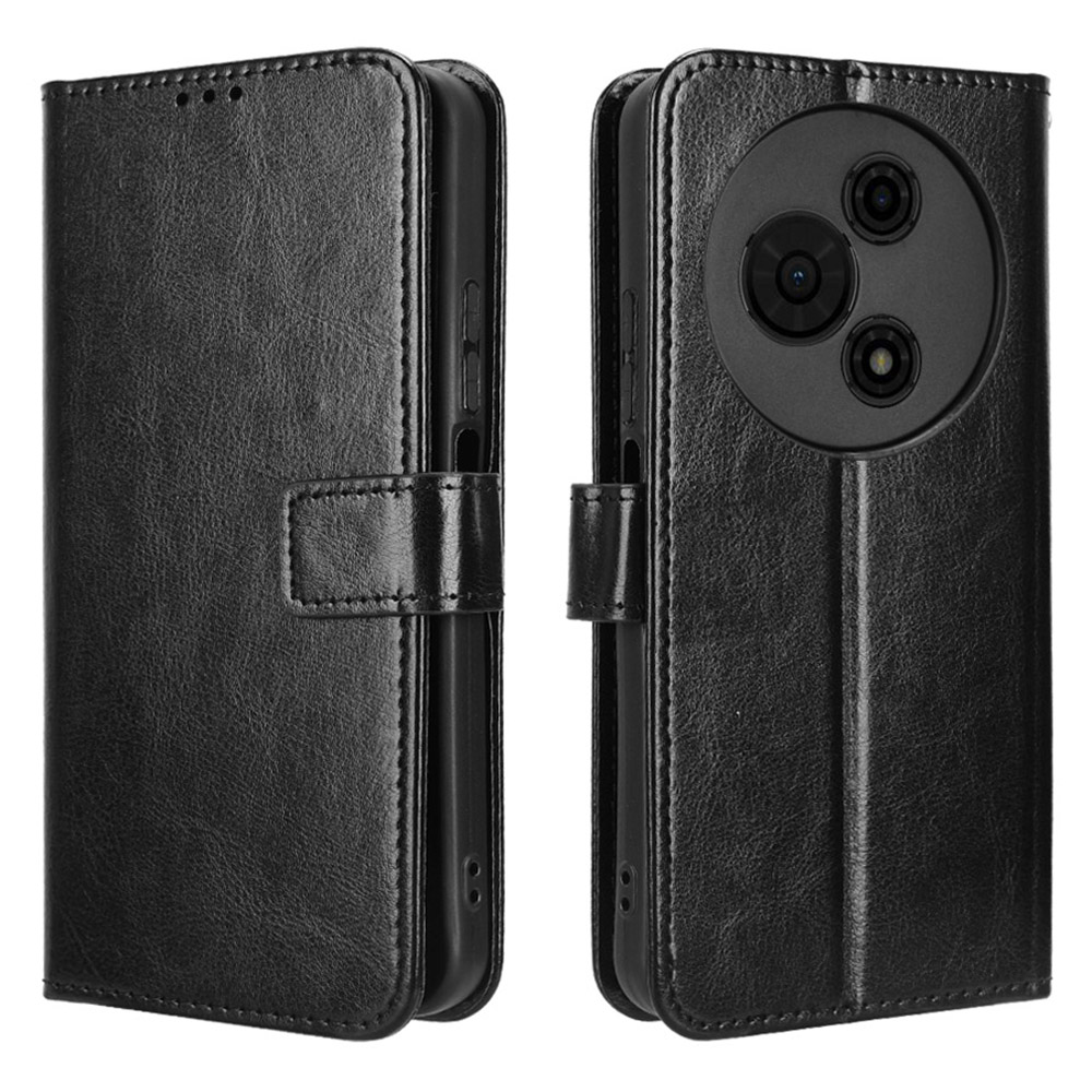 For TCL 605 4G / 60 SE Case Crazy Horse Texture PU Leather Phone Wallet Cover with Wrist Strap - Black