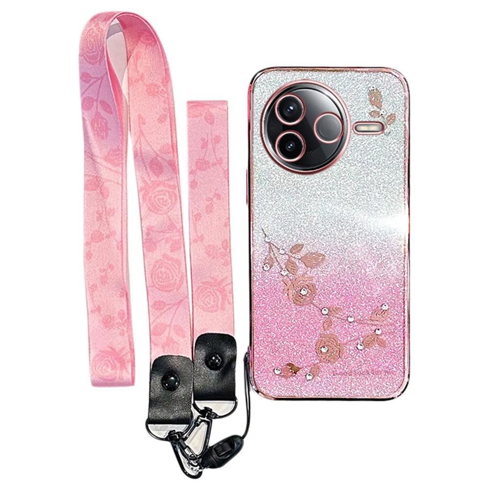KADEM For Xiaomi Poco F7 Pro 5G  /  Redmi K80 5G Case Flower Pattern TPU Gradient Phone Cover with Lanyards - Rose Gold