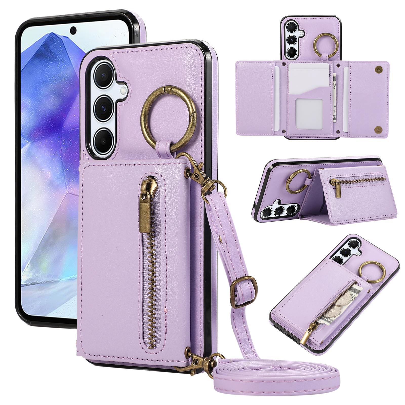 For Samsung Galaxy A36 5G Leather Back Cover Zipper Wallet Kickstand Phone Case with Shoulder Strap - Purple