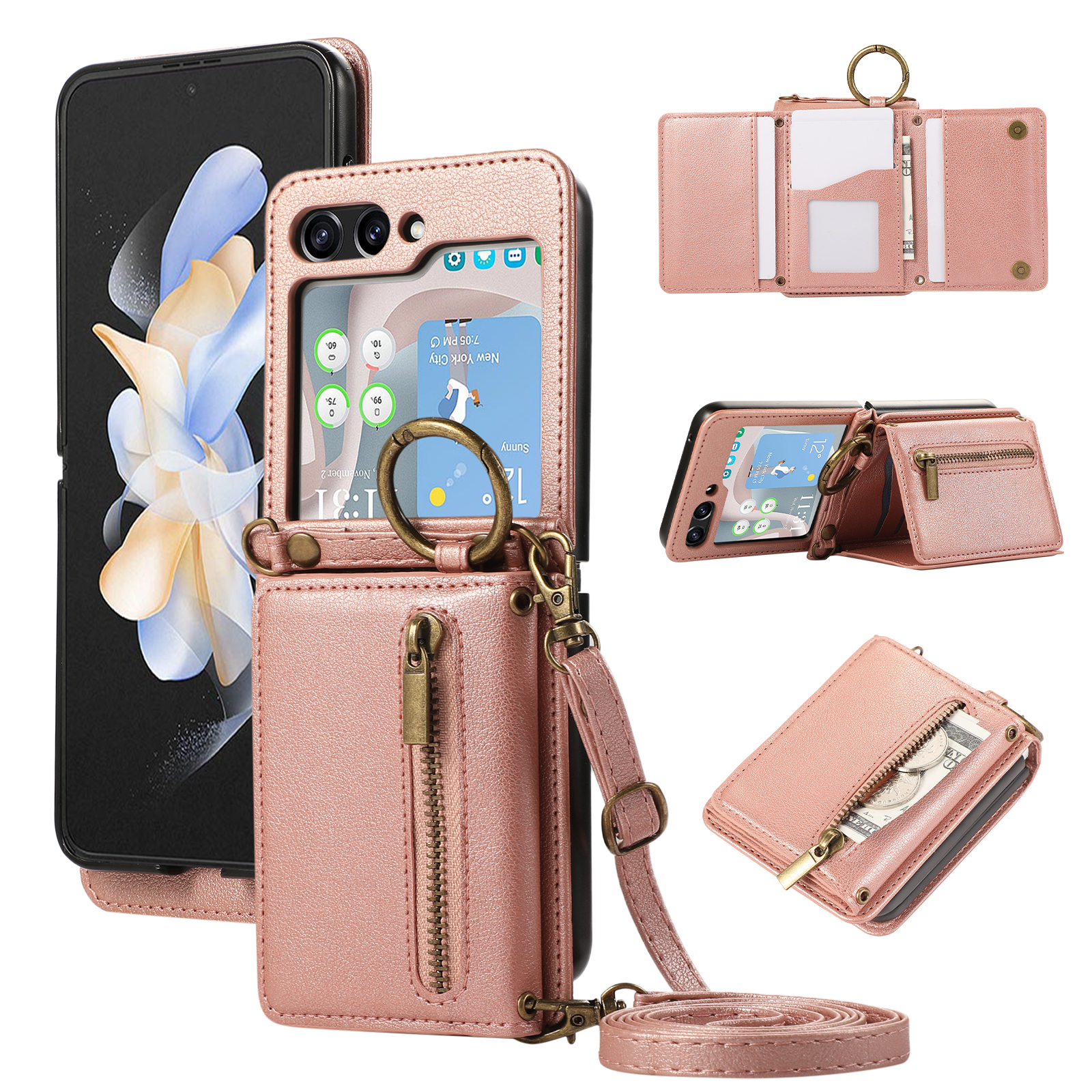 For Samsung Galaxy Z Flip5 5G Leather Back Cover Zipper Wallet Kickstand Phone Case with Shoulder Strap - Pink