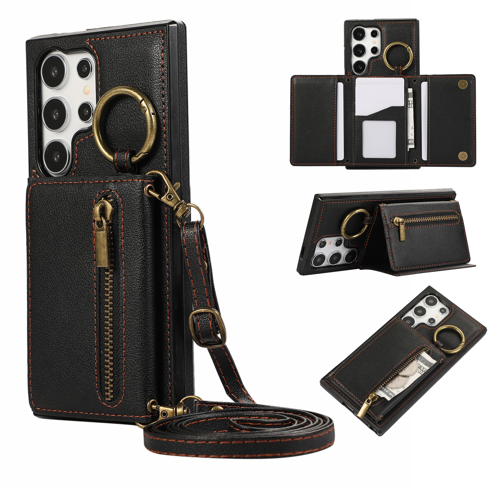 For Samsung Galaxy S25 Ultra Leather Back Cover Zipper Wallet Kickstand Phone Case with Shoulder Strap - Black