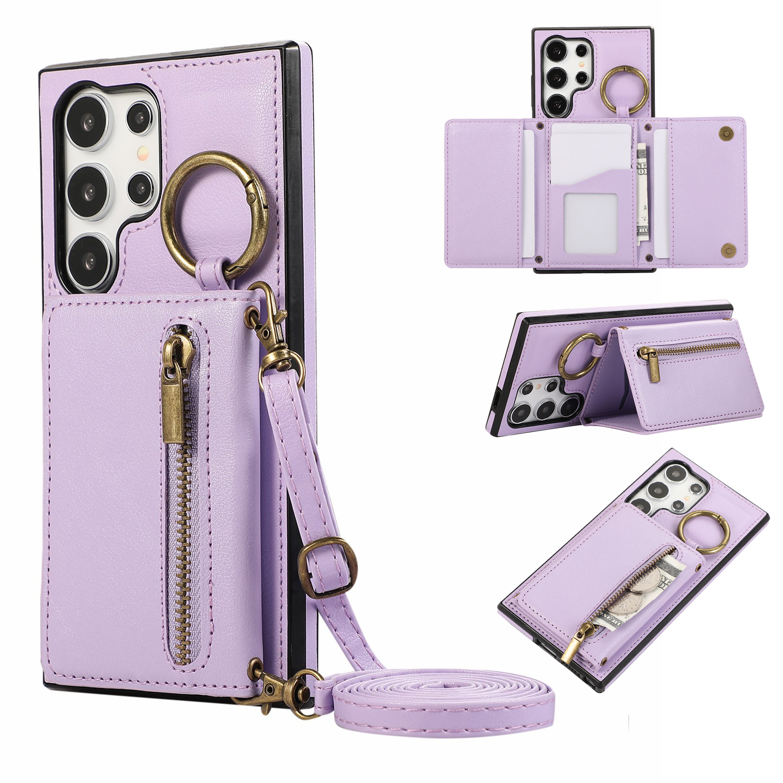 For Samsung Galaxy S24 Ultra Leather Back Cover Zipper Wallet Kickstand Phone Case with Shoulder Strap - Purple