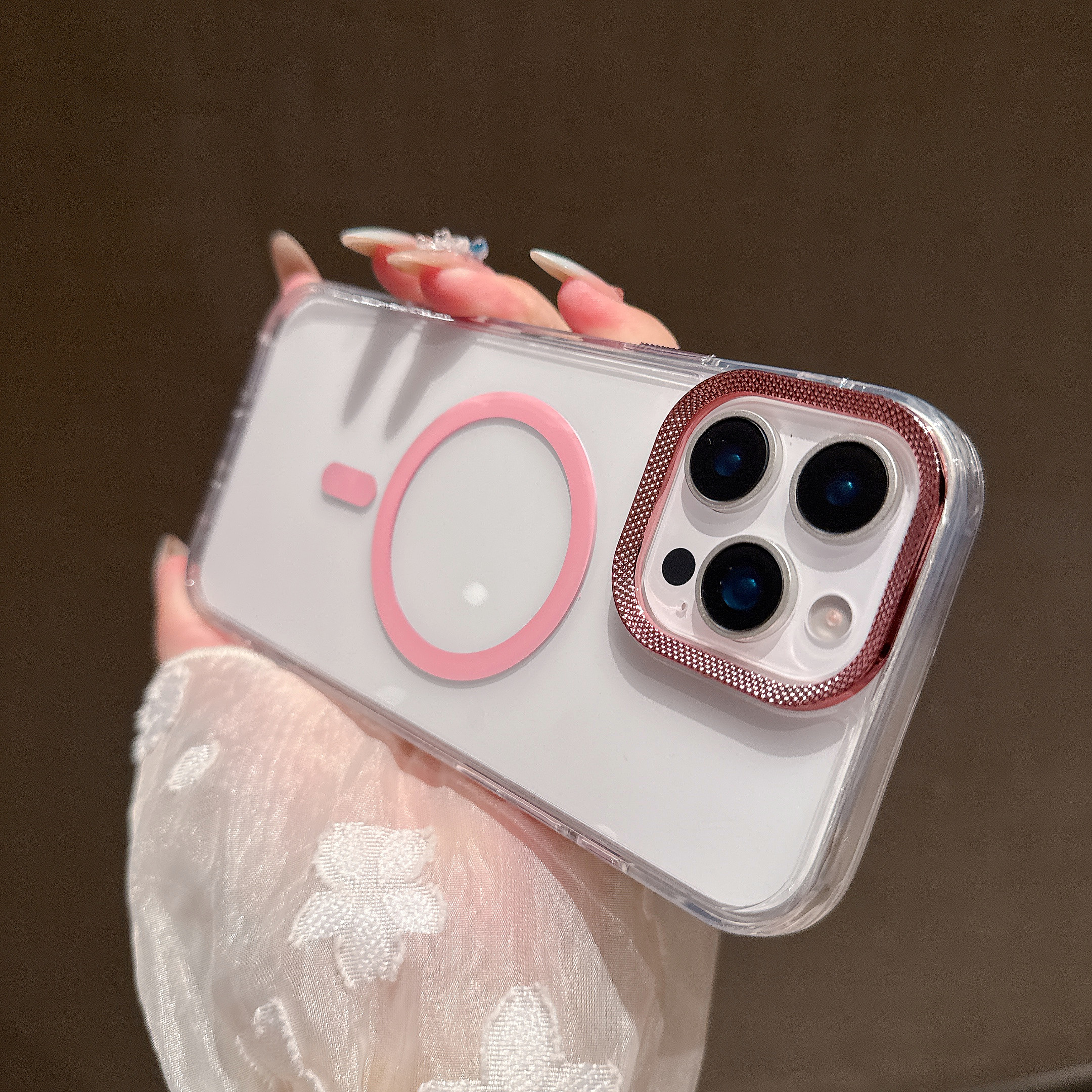 For iPhone 16 Pro Case Compatible with MagSafe PC + TPU Clear Phone Cover with Diamond Texture Lens Frame - Pink