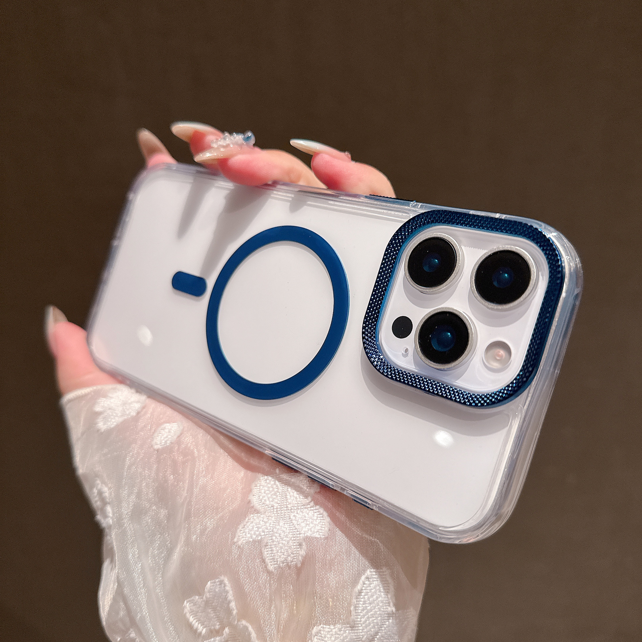 For iPhone 16 Pro Case Compatible with MagSafe PC + TPU Clear Phone Cover with Diamond Texture Lens Frame - Blue