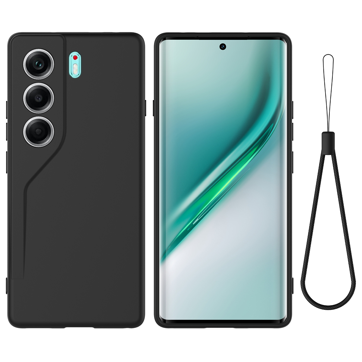 For TECNO Camon 40 Pro 5G Liquid Silicone Case Phone Back Cover with Hand Strap - Black