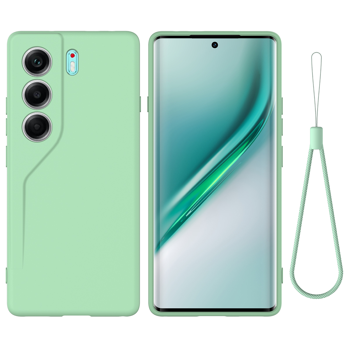 For TECNO Camon 40 Pro 5G Liquid Silicone Case Phone Back Cover with Hand Strap - Green