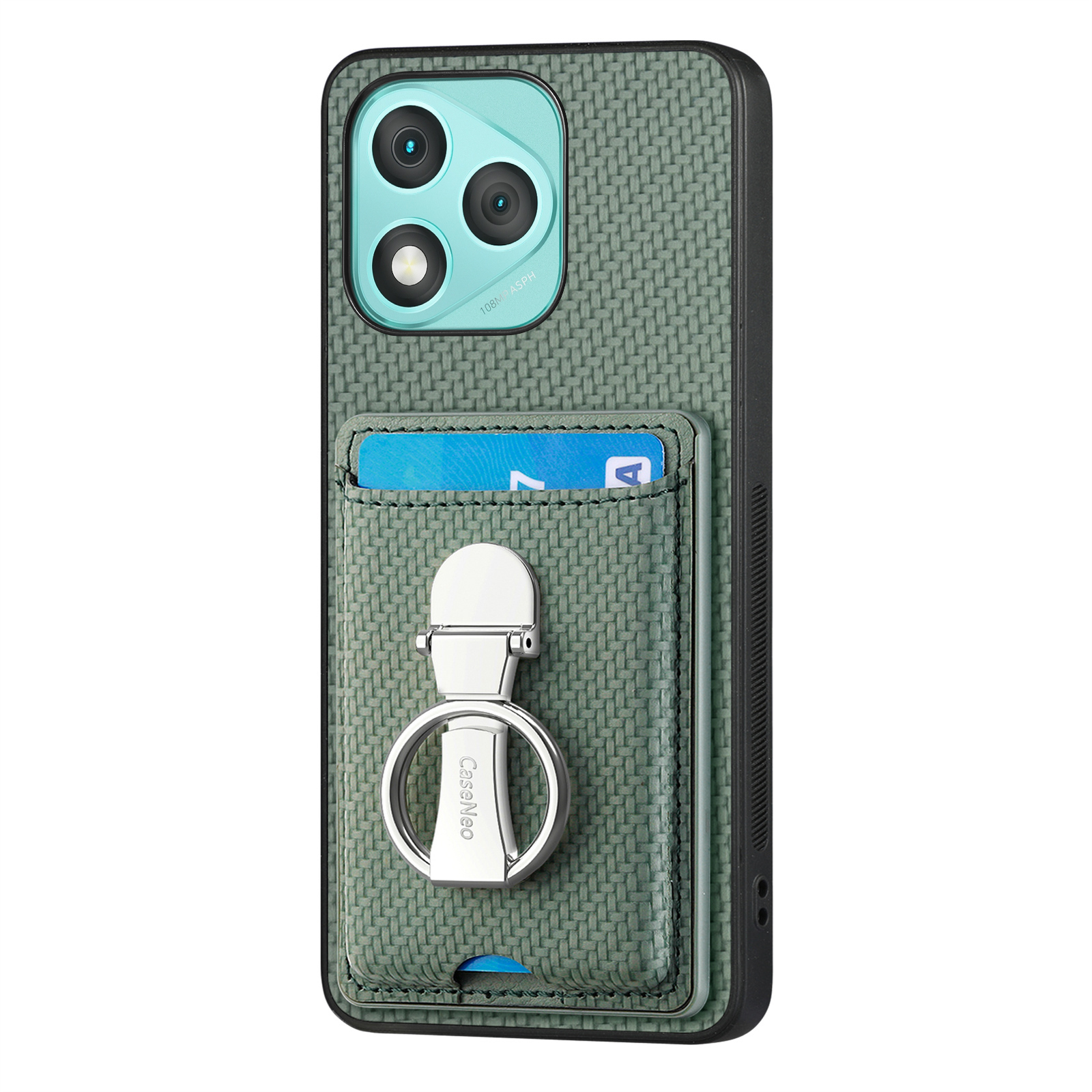 CASENEO For Honor 400 Lite 5G Leather Phone Back Cover with Kickstand and Card Slots Carbon Fiber Texture - Green