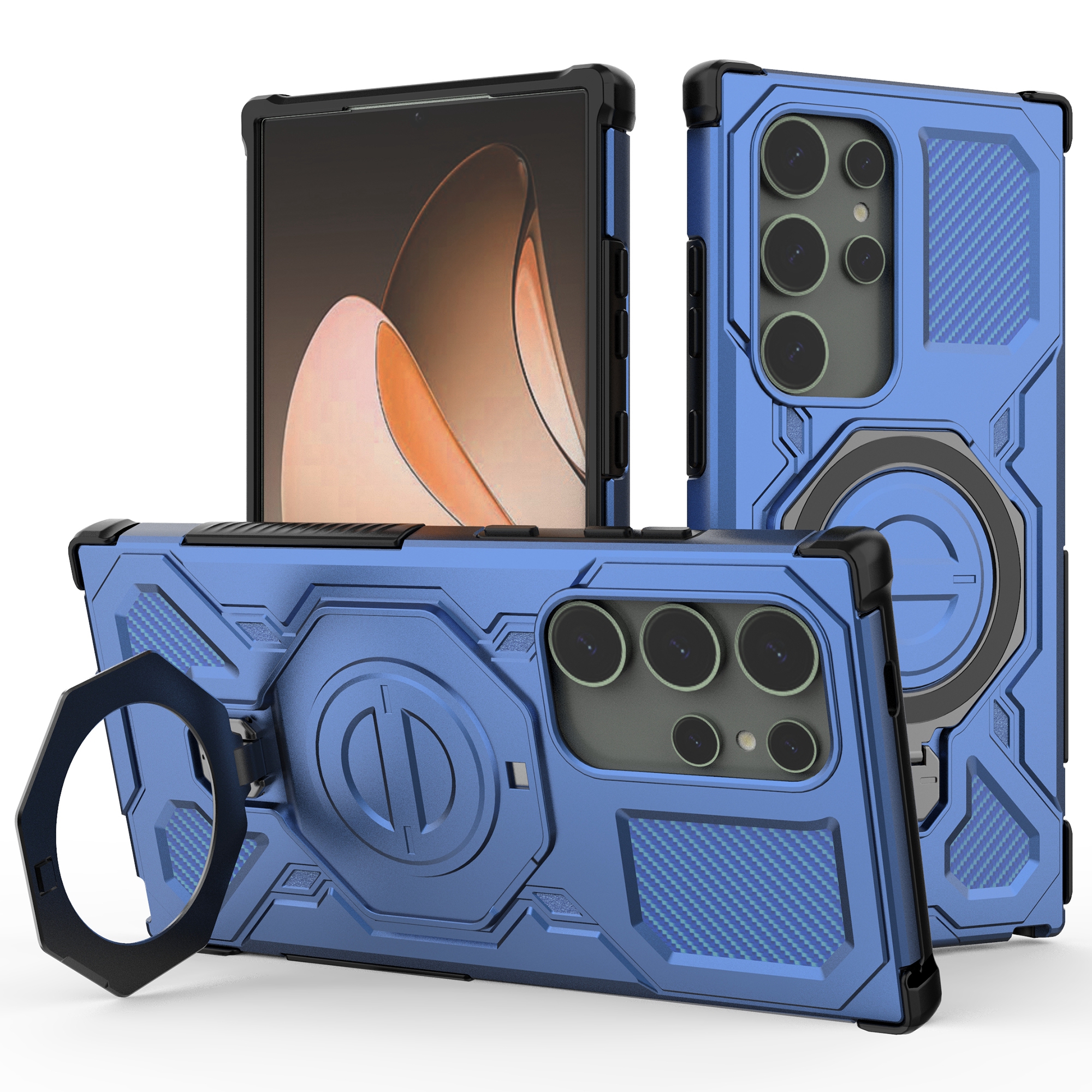 For Samsung Galaxy S24 Ultra Magnetic Case Rotating Metal Kickstand PC + TPU Phone Back Cover - Dark Blue