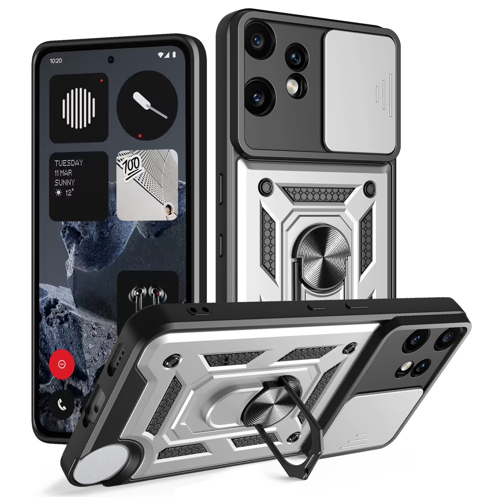 For Nothing CMF Phone 2 Pro Case with Slide Camera Lid PC + TPU Kickstand Phone Cover - Silver