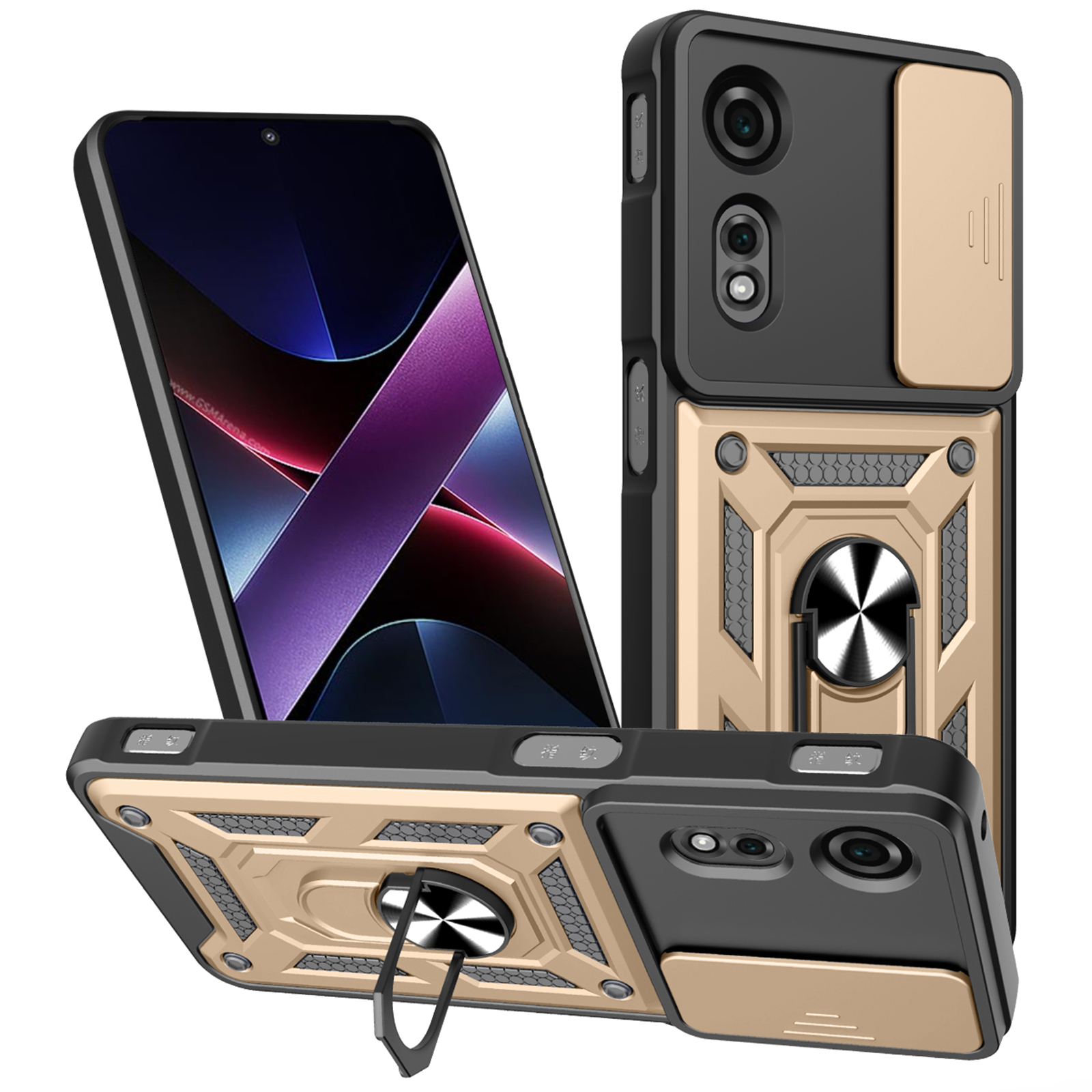 For ZTE nubia Neo 2 5G Case with Slide Camera Lid PC + TPU Kickstand Phone Cover - Gold