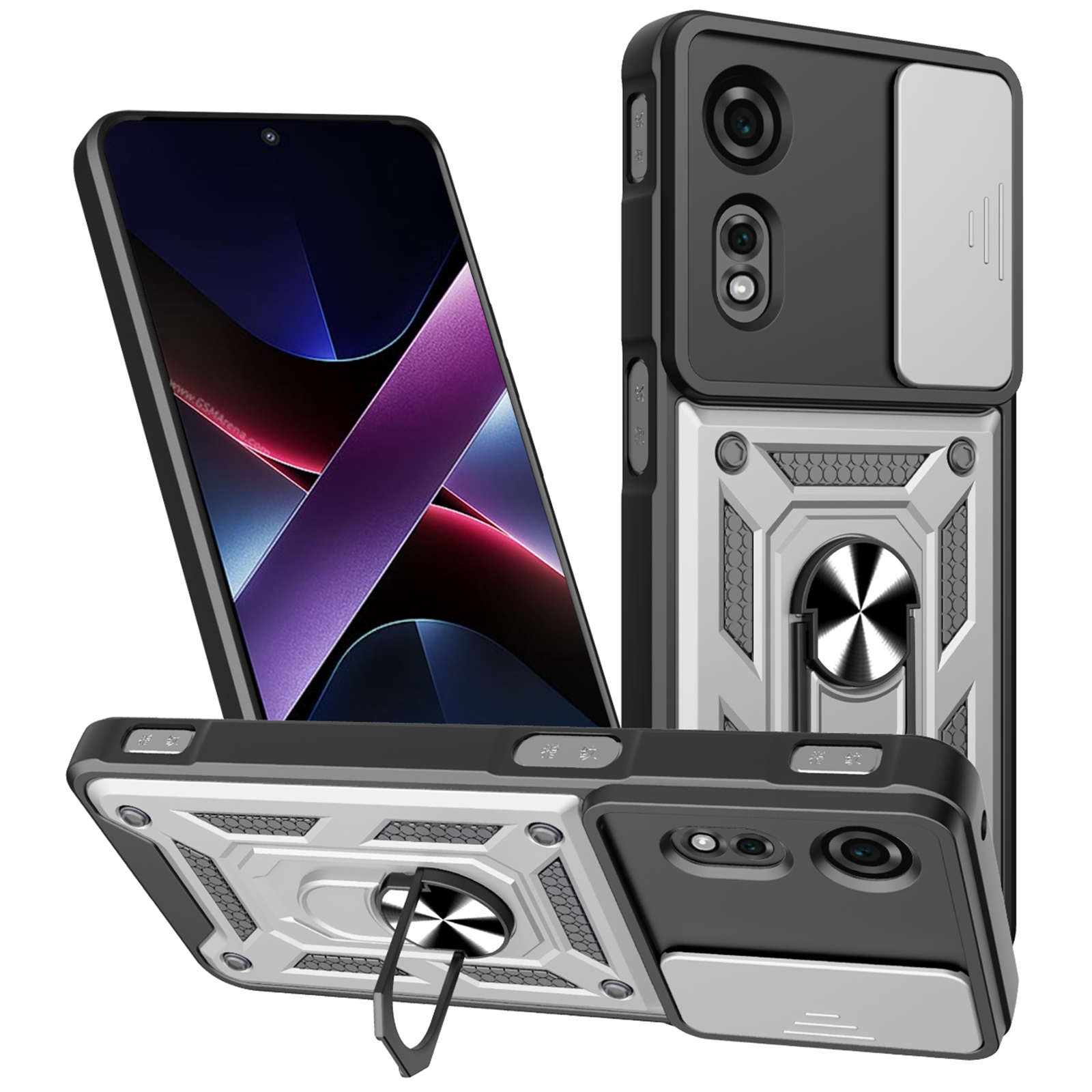 For ZTE nubia Neo 2 5G Case with Slide Camera Lid PC + TPU Kickstand Phone Cover - Silver