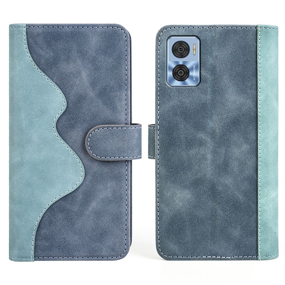 

Schocksichere Telefonschale Für Motorola Moto E22 4G, PU Leder Farbspleißständer Wallet Hülle Folio Flip Telefonabdeckung - Blau, Motorola Moto E22 4G