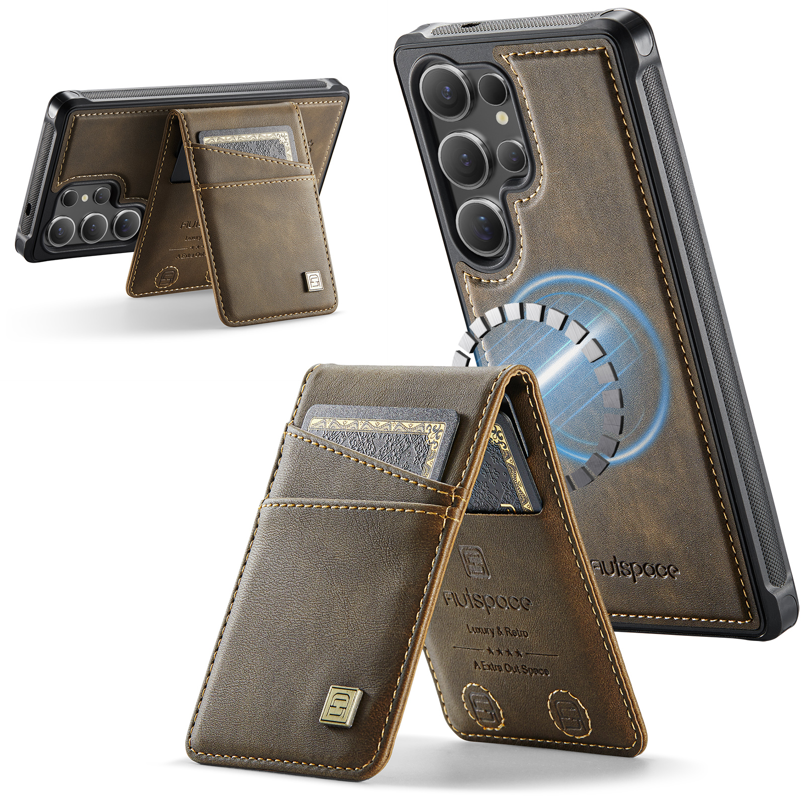 AUTSPACE For Samsung Galaxy S24 Ultra Case  A12 Leather Back Cover with Magnetic Detachable Card Bag Kickstand - Coffee