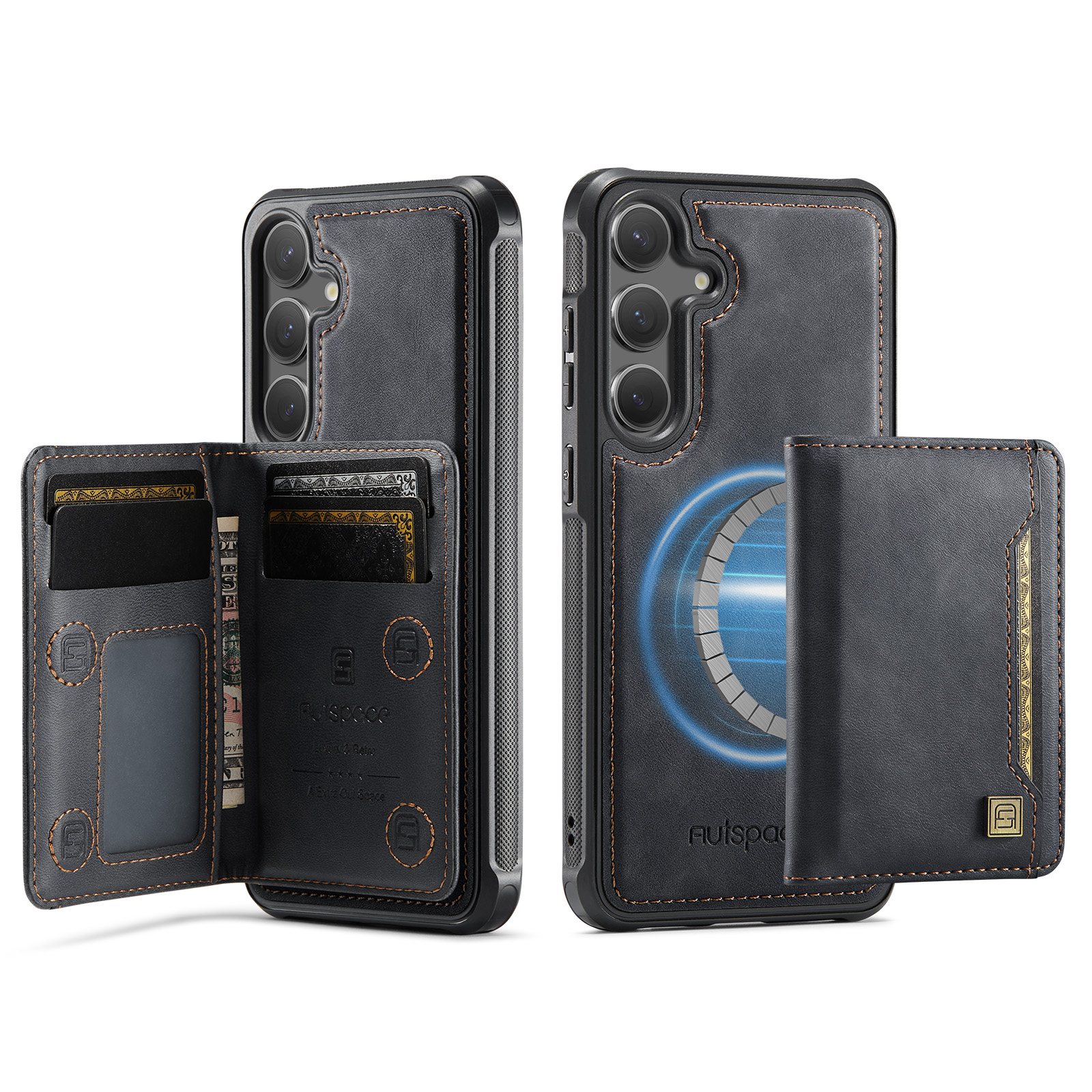 AUTSPACE For Samsung Galaxy S24 / Galaxy S25 Case  A13 Vintage Leather Back Cover with Magnetic Detachable Card Bag - Black