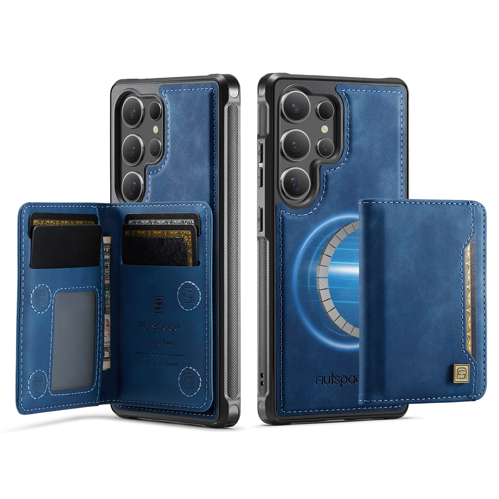 AUTSPACE For Samsung Galaxy S25 Ultra Case  A13 Vintage Leather Back Cover with Magnetic Detachable Card Bag - Blue