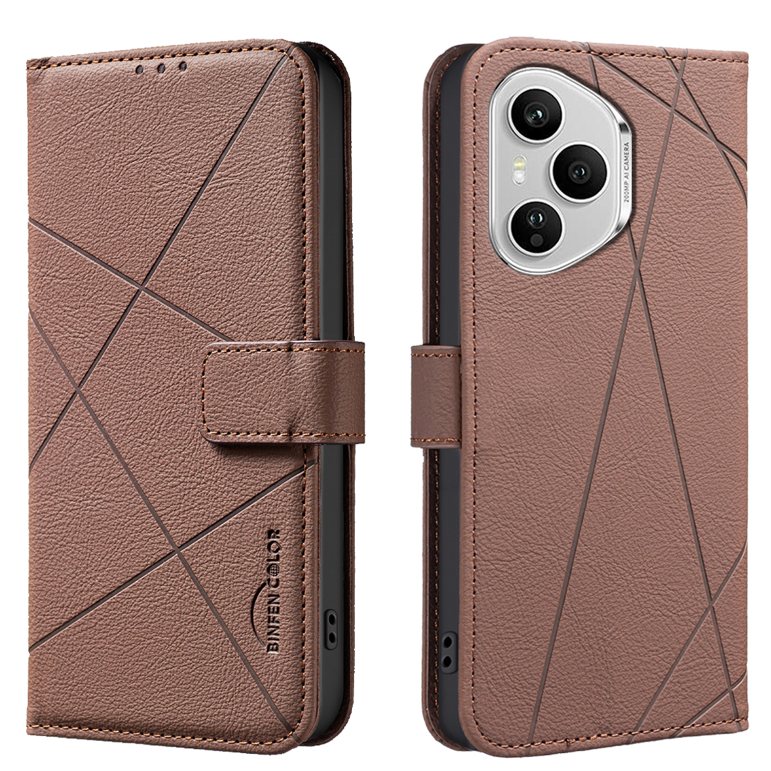 BINFEN COLOR For Honor 400 Pro 5G (Global) Case  BF35 Geometry Imprinted Leather Phone Cover RFID Blocking Wallet Stand - Brown