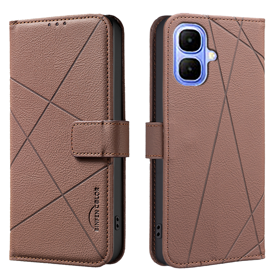 BINFEN COLOR For TECNO Pop 10 / Infinix Smart 10 Case  BF35 Geometry Imprinted Leather Phone Cover RFID Blocking Wallet Stand - Brown