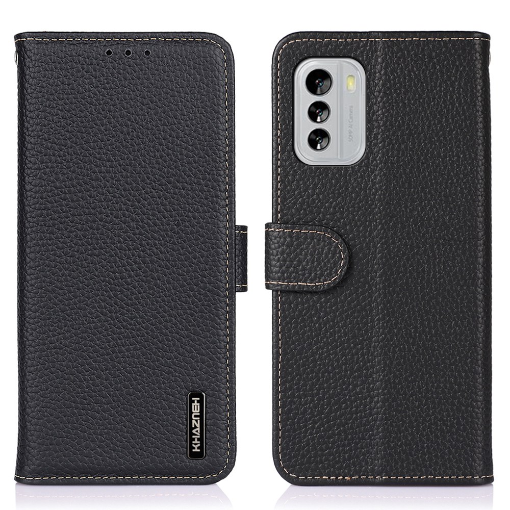 

Khazneh Für Nokia G60 5G Echtes Lederflip-brieftaschenabdeckung Litchi Textur Aussichtsstand Kratzerresistenter Telefonhülle - Schwarz, Nokia G60 5G