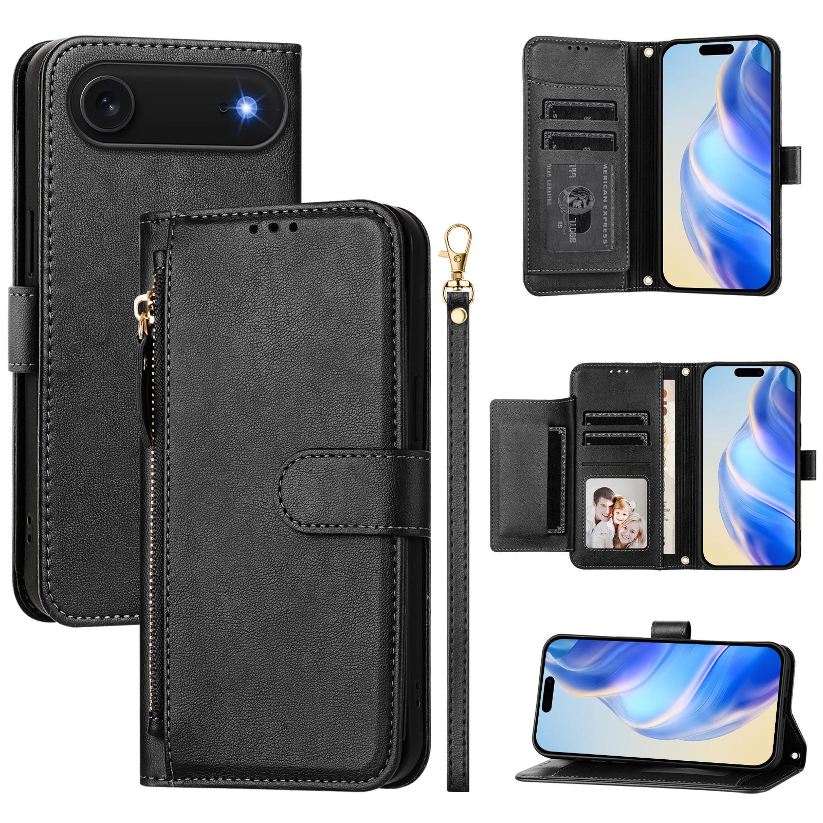For iPhone Air Case Zipper Pocket Multiple Card Slots Leather Phone Cover - Black