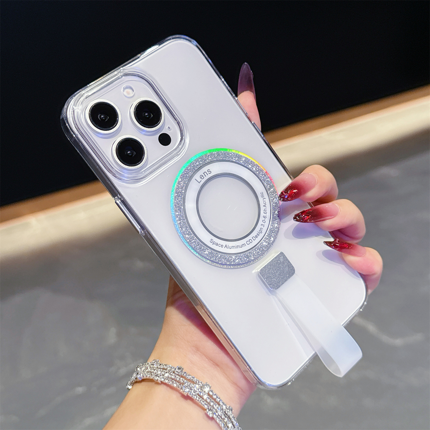 For iPhone 15 Pro Magnetic Case with Handheld Strap Laser Glitter Clear PC Phone Cover - Silver