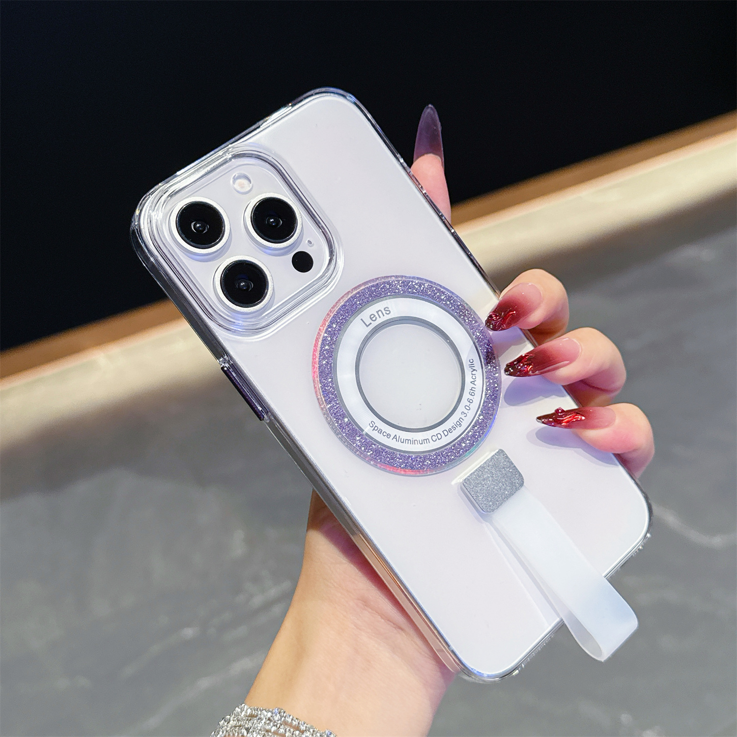For iPhone 15 Pro Magnetic Case with Handheld Strap Laser Glitter Clear PC Phone Cover - Purple