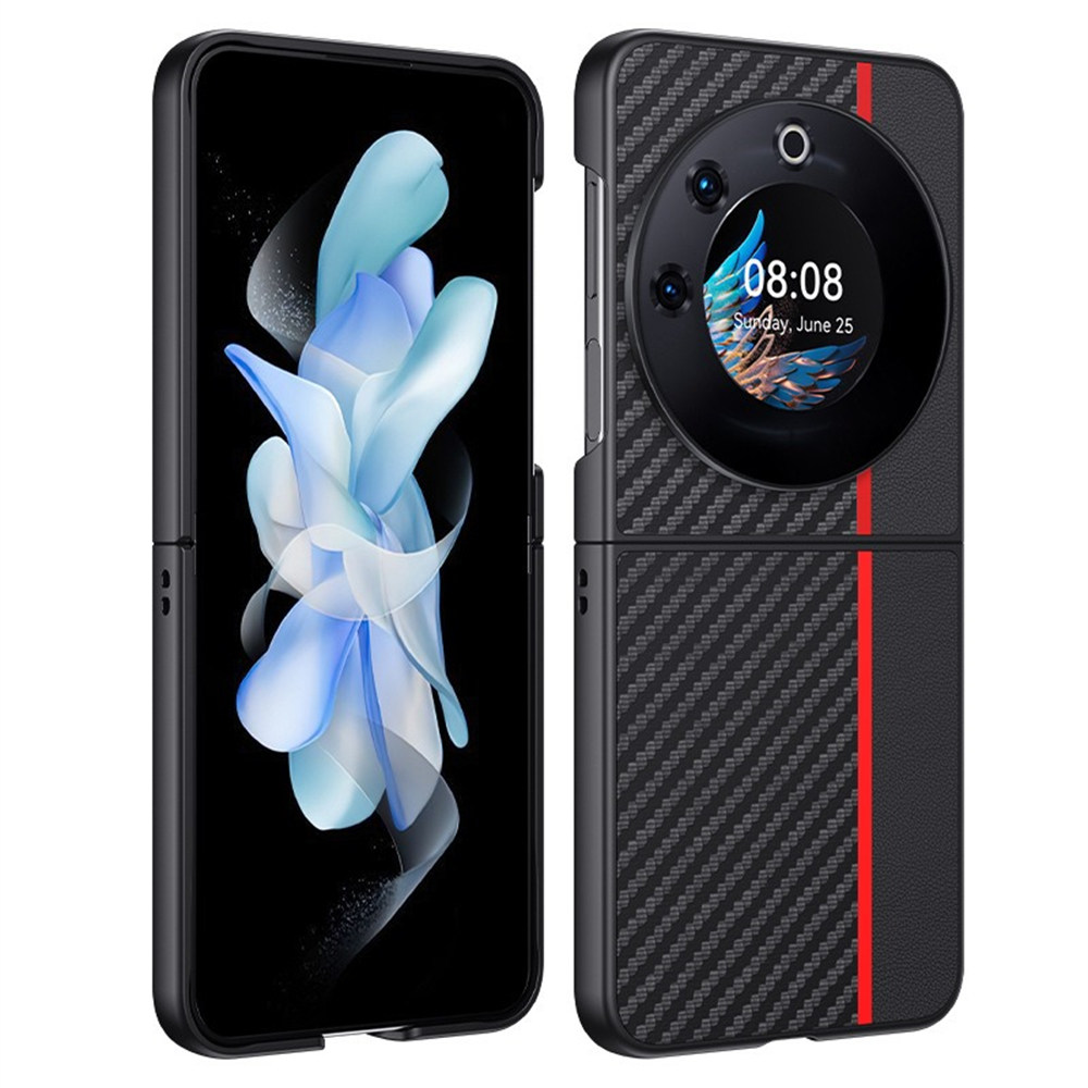 For TECNO Phantom V Flip Case Carbon Fiber Texture Leather + PC Anti-Drop Folding Phone Cover - Black  /  Red
