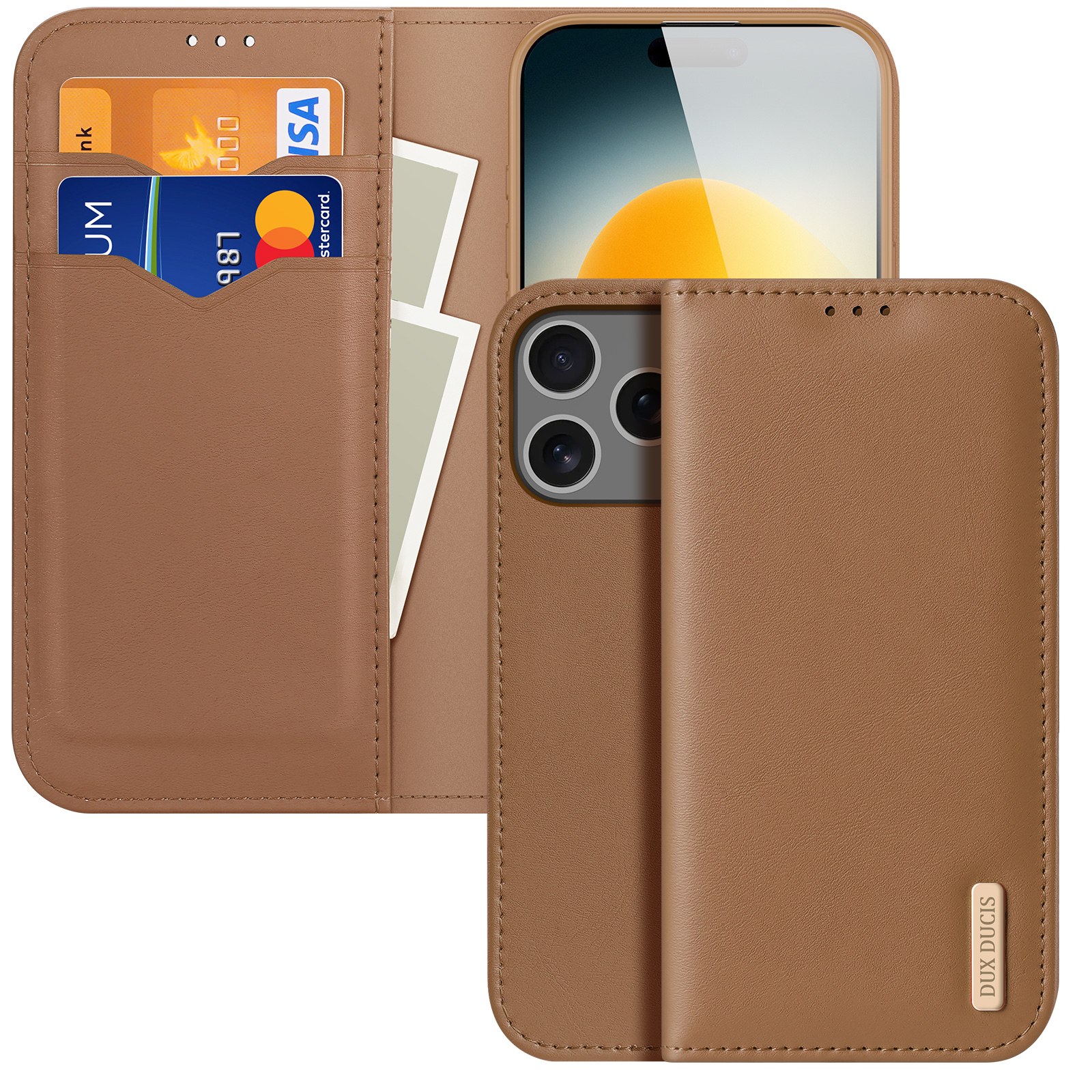 DUX DUCIS For iPhone 17 Pro Max Case  Hivo Series Cowhide Leather RFID Blocking Wallet Stand Flip Phone Cover - Brown