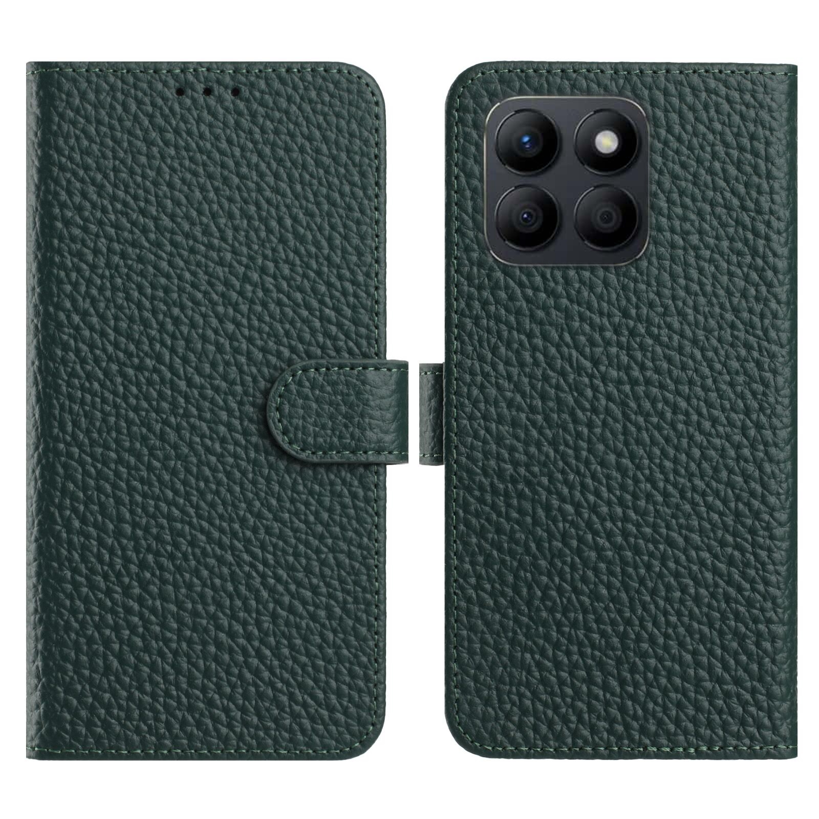 For Honor X6a 4G  /  X6b 4G Case Wallet Stand Litchi Texture Genuine Cow Leather Flip Phone Cover - Green