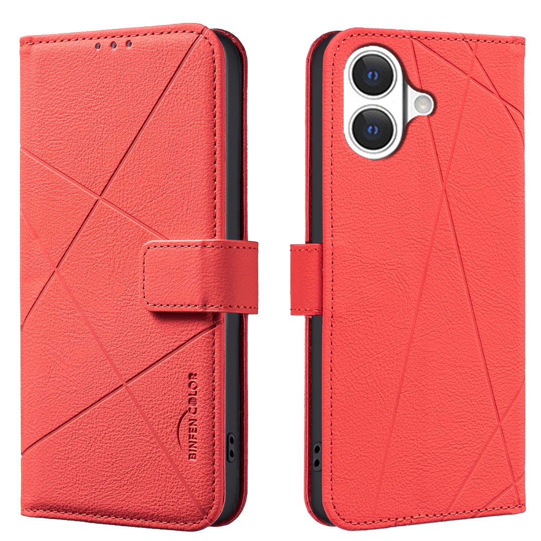 BINFEN COLOR For iPhone 17 Case  BF35 Geometry Imprinted Leather Phone Cover RFID Blocking Wallet Stand - Red