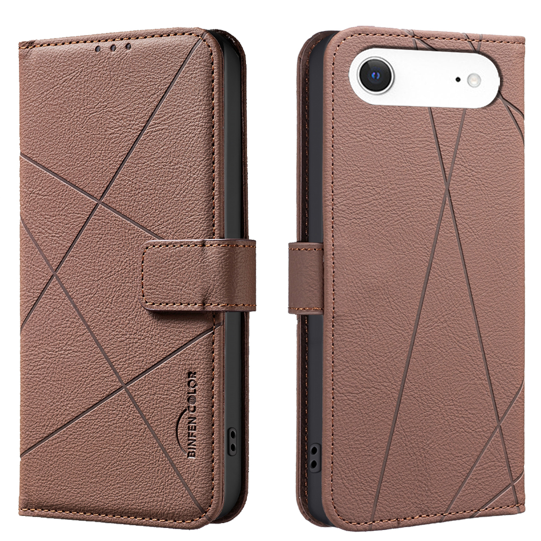 BINFEN COLOR For iPhone Air Case  BF35 Geometry Imprinted Leather Phone Cover RFID Blocking Wallet Stand - Brown
