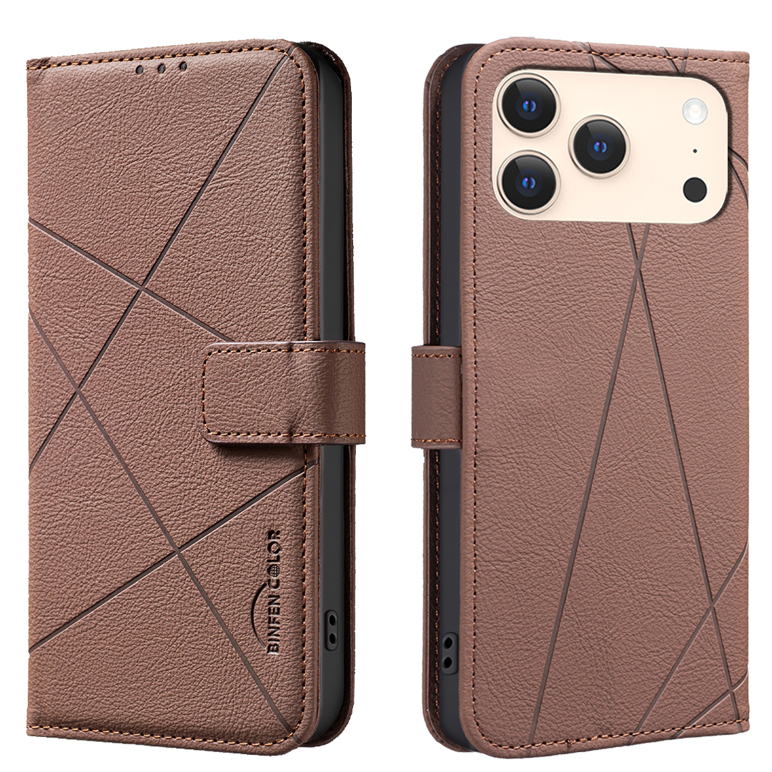 BINFEN COLOR For iPhone 17 Pro Case  BF35 Geometry Imprinted Leather Phone Cover RFID Blocking Wallet Stand - Brown
